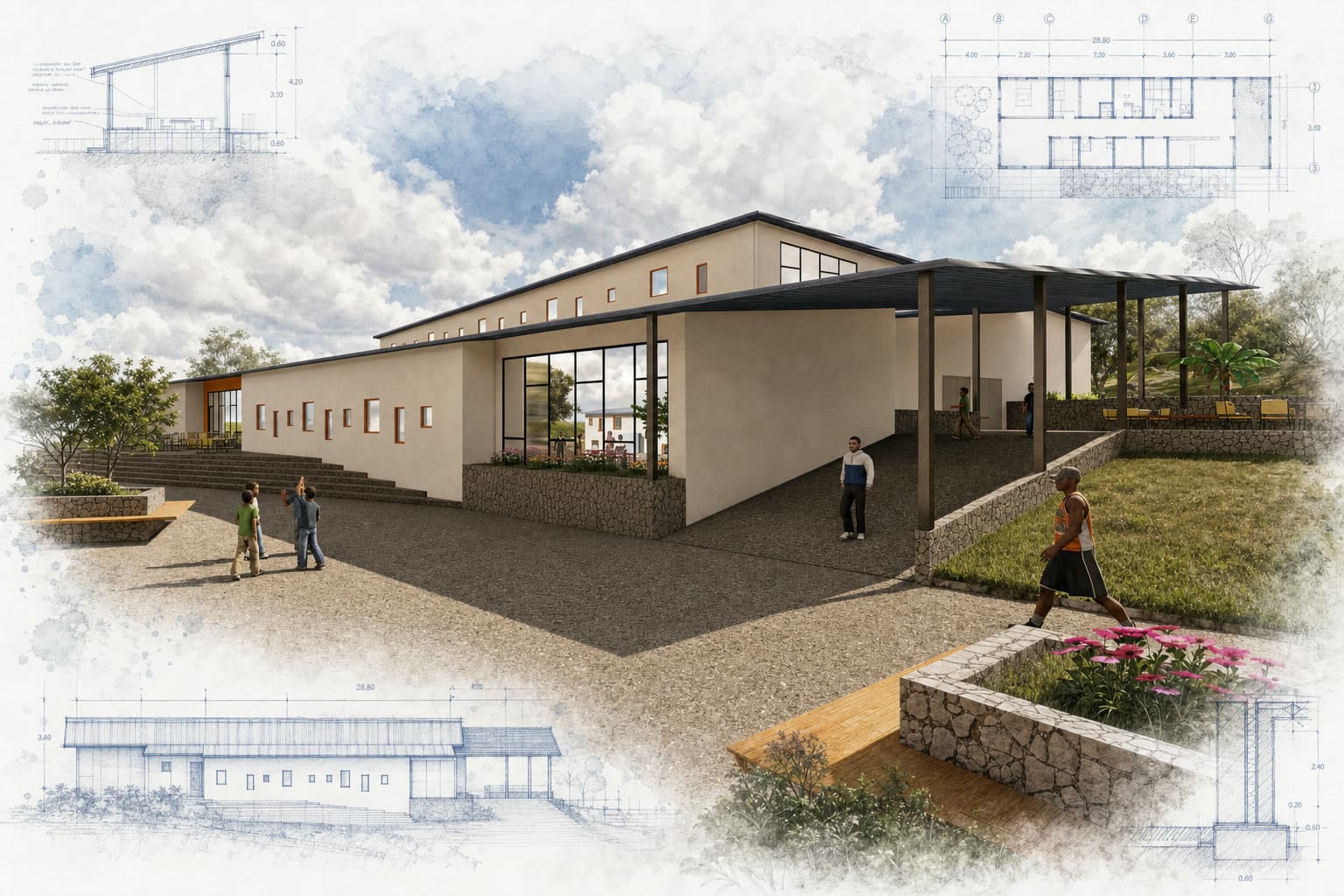 SNF Project Elimu architectural visualization with watercolor and blueprint details