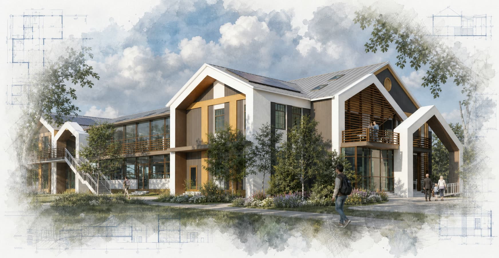 Soldatske Sports and Cultural Center architectural visualization with watercolor and blueprint details