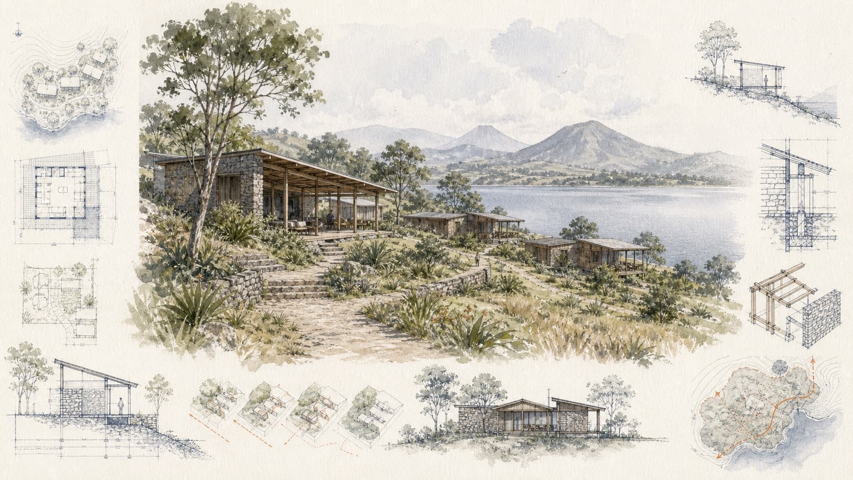 Still Waters Lodge architectural visualization with watercolor and blueprint details