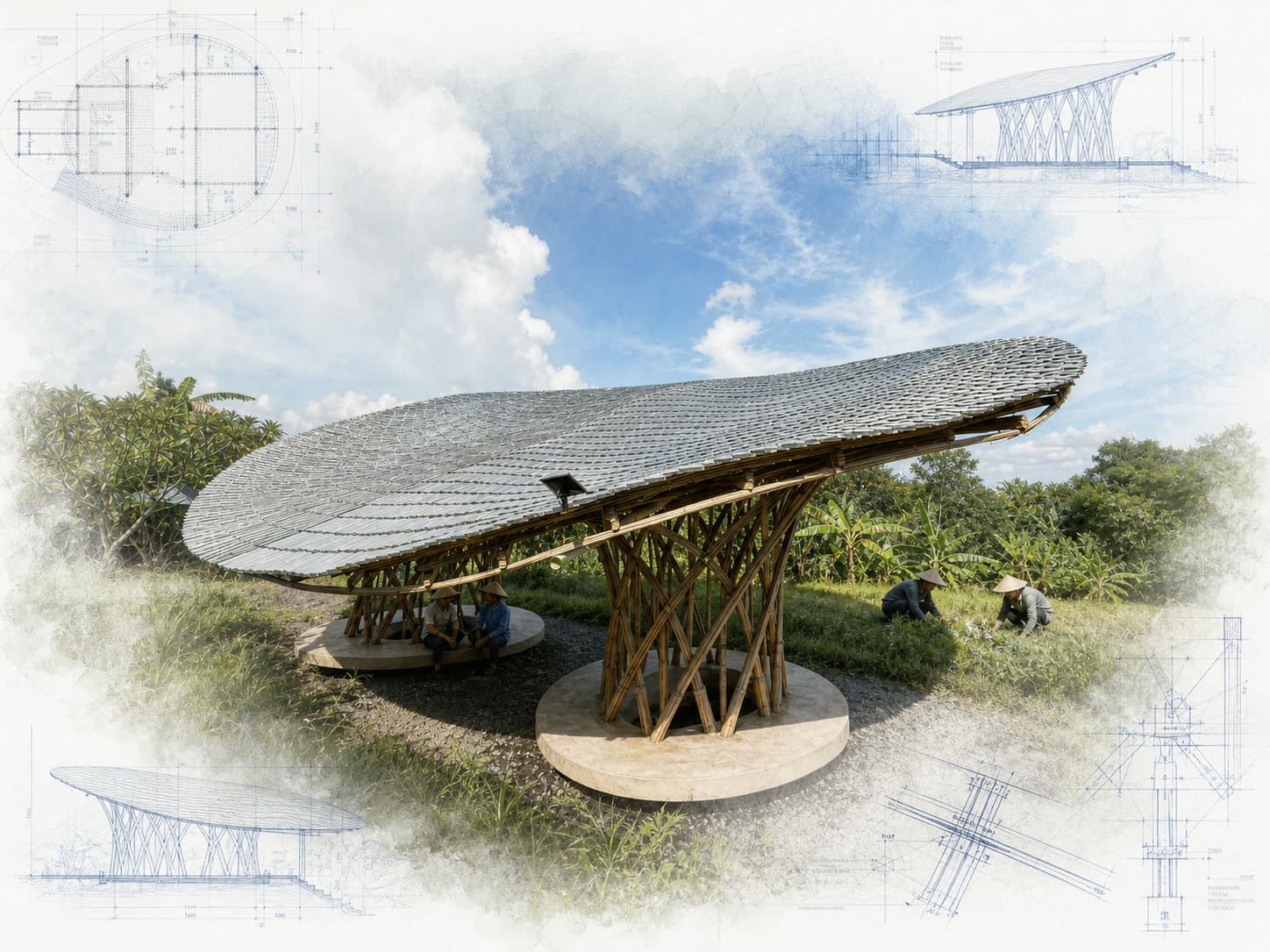 Subak Ketapang Farmers Community Center architectural visualization with watercolor and blueprint details