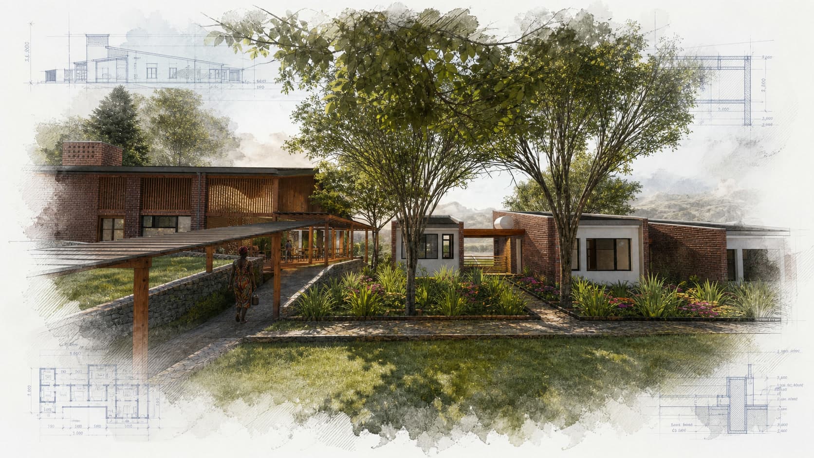 Sunzu Village EcoLodge architectural visualization with watercolor and blueprint details
