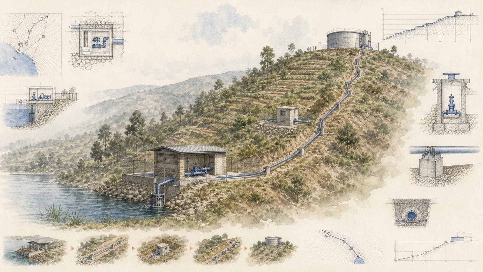 Sunzu Water Pump architectural visualization with watercolor and blueprint details