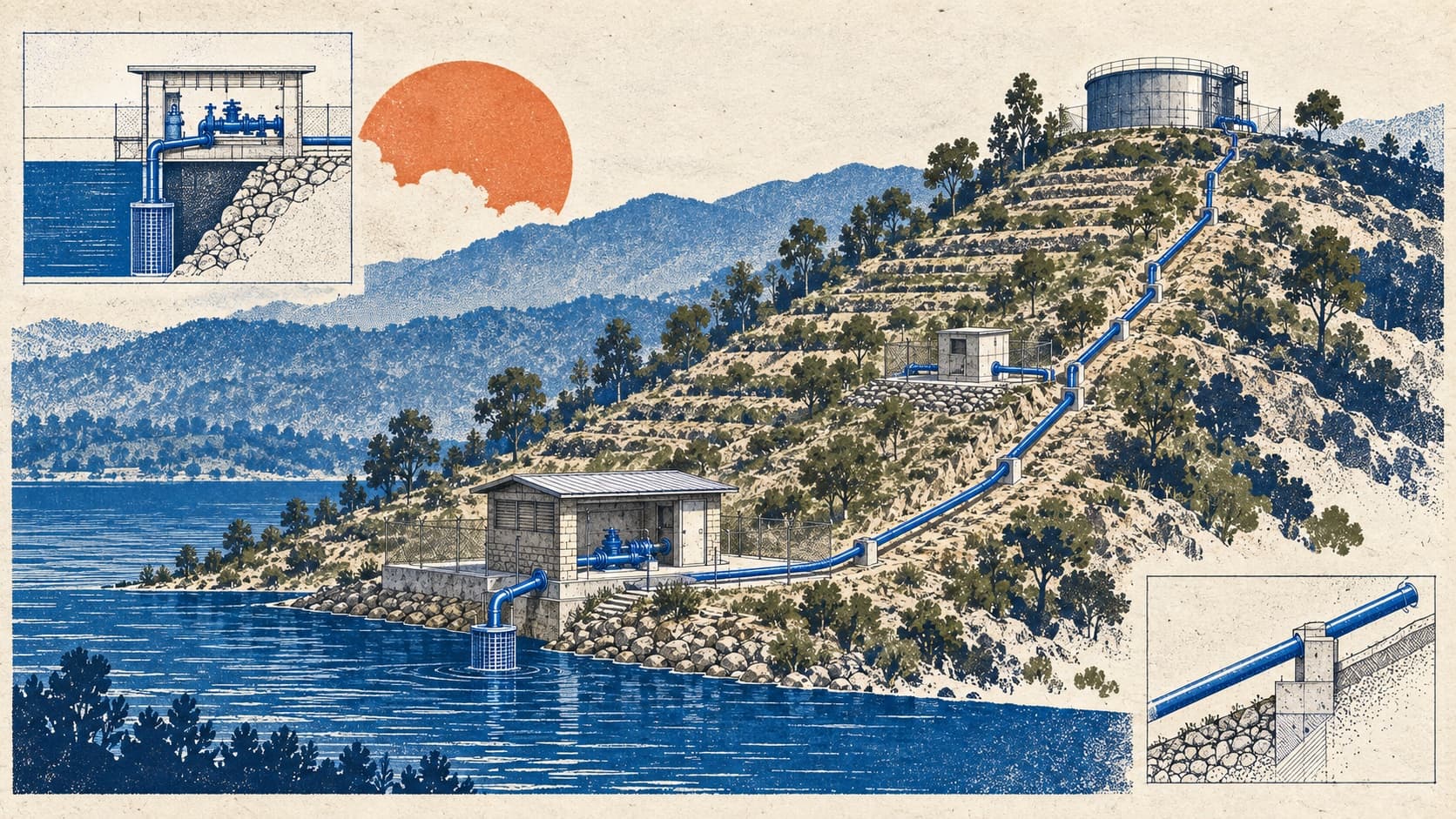 Sunzu Water Pump architectural visualization with watercolor and blueprint details