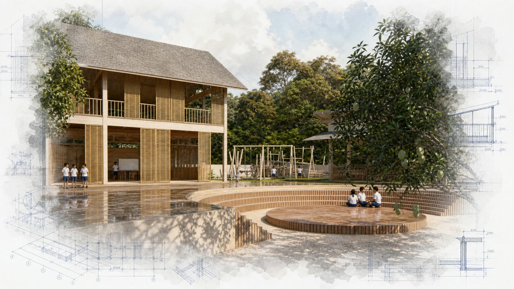 Suwandi Primary School architectural visualization with watercolor and blueprint details