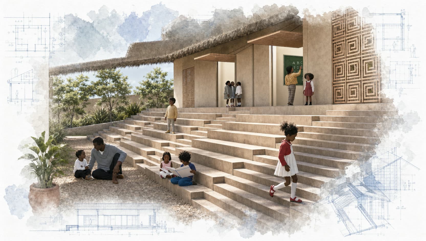 Take Heart Africa Primary School architectural visualization with watercolor and blueprint details
