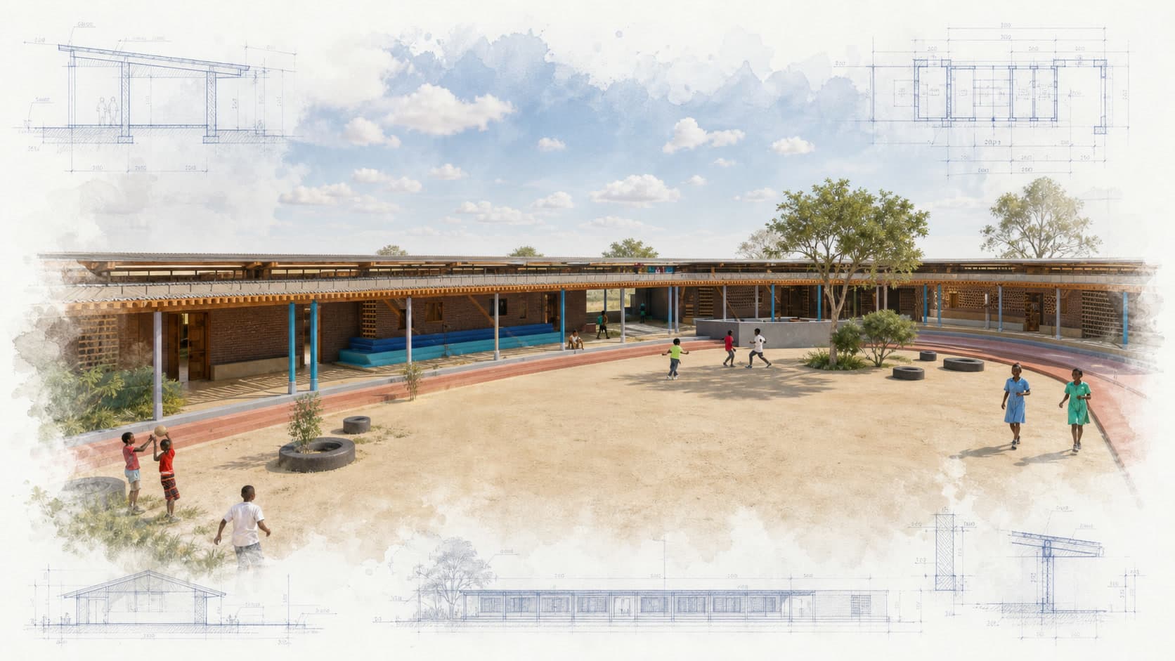 Tamiranashe Secondary School architectural visualization with watercolor and blueprint details