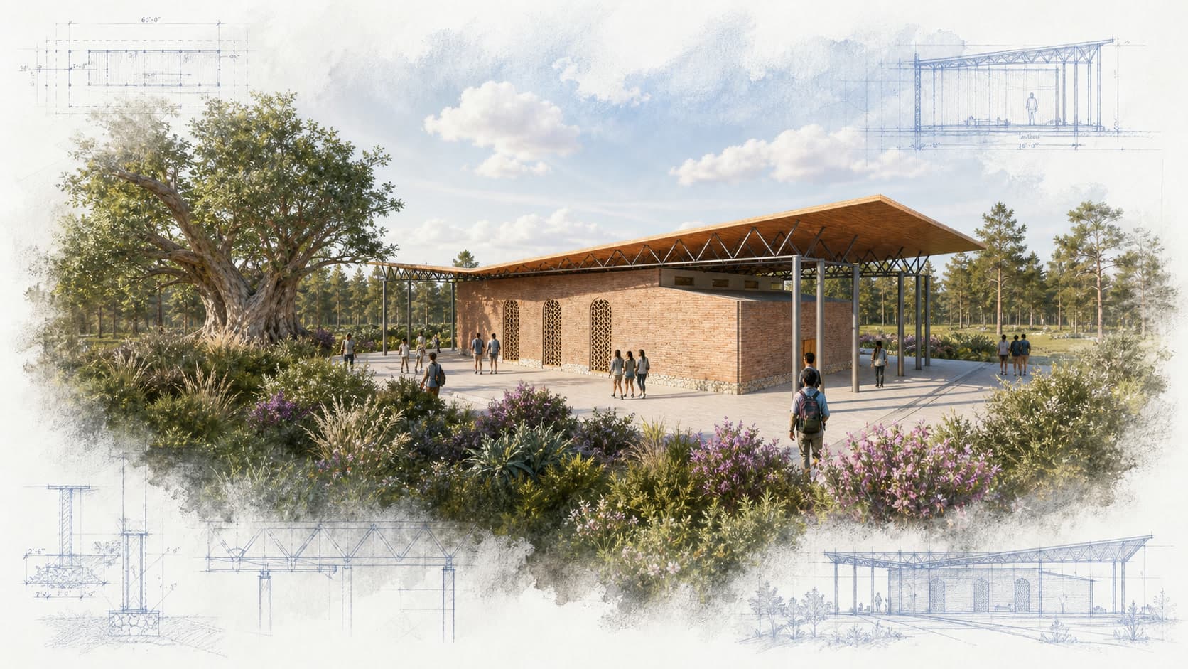The Alliance Camp architectural visualization with watercolor and blueprint details