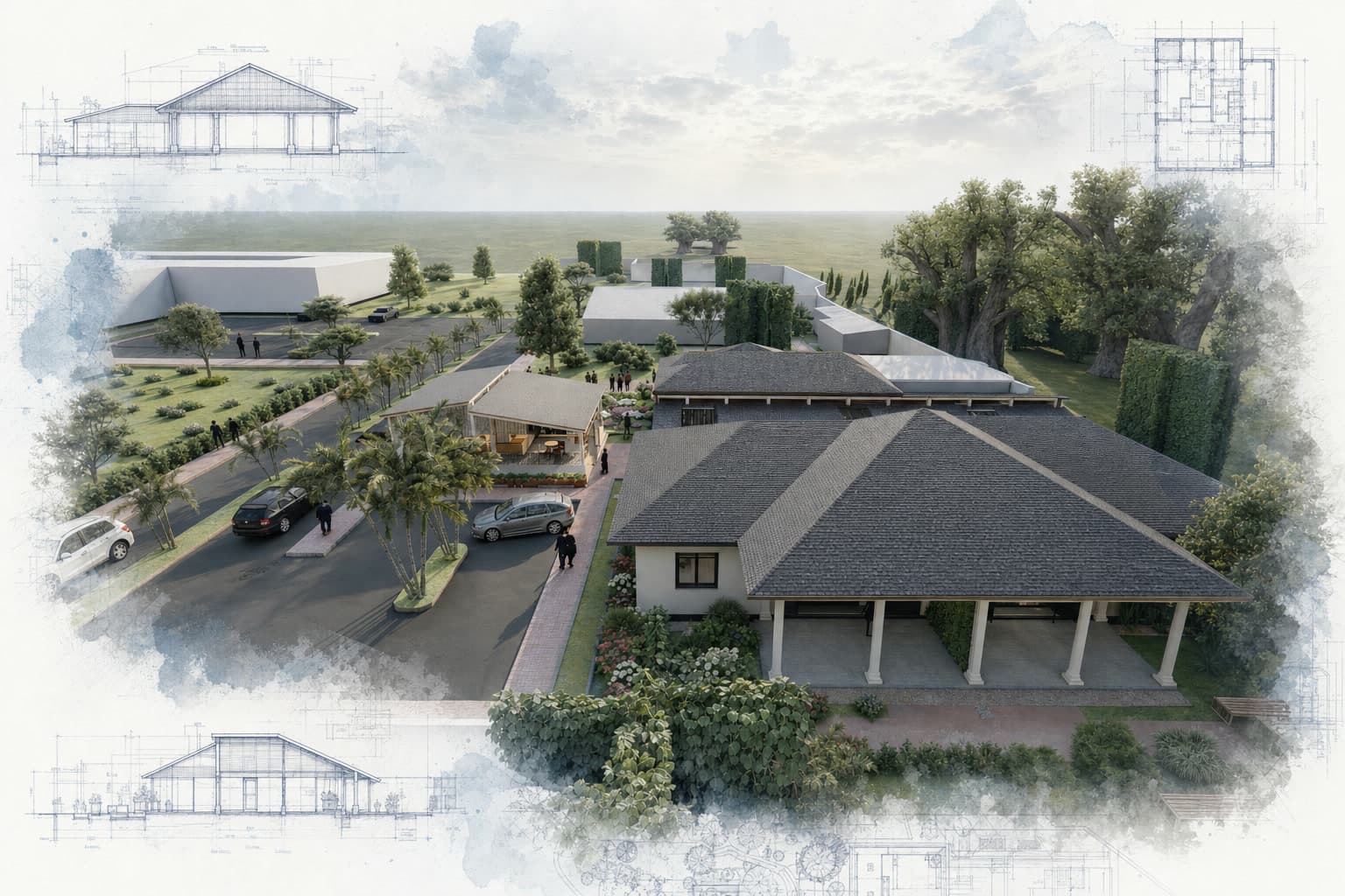 The Well Multipurpose Hub architectural visualization with watercolor and blueprint details