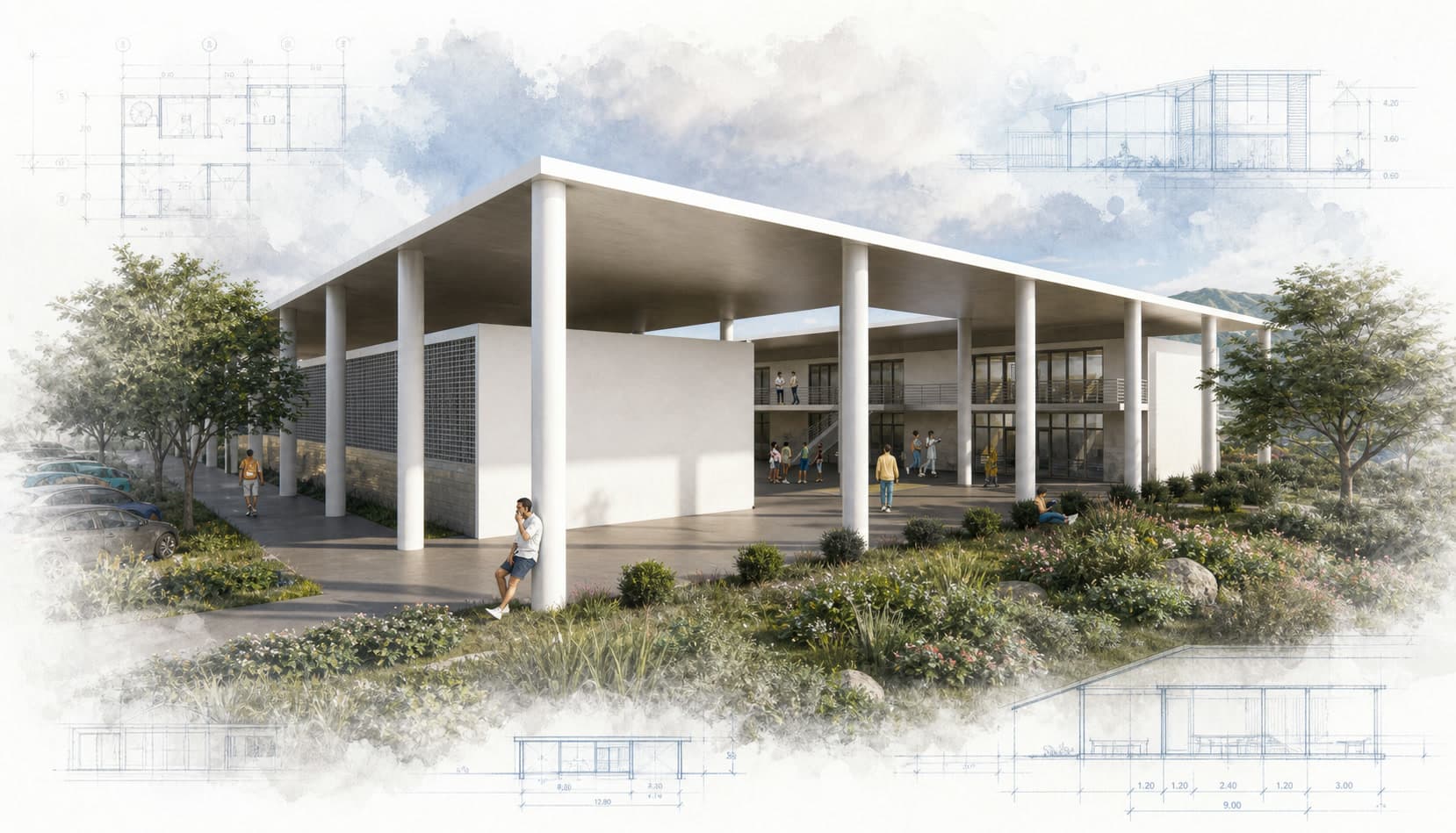 Tobby Vision Vocational and Educational Institute architectural visualization with watercolor and blueprint details
