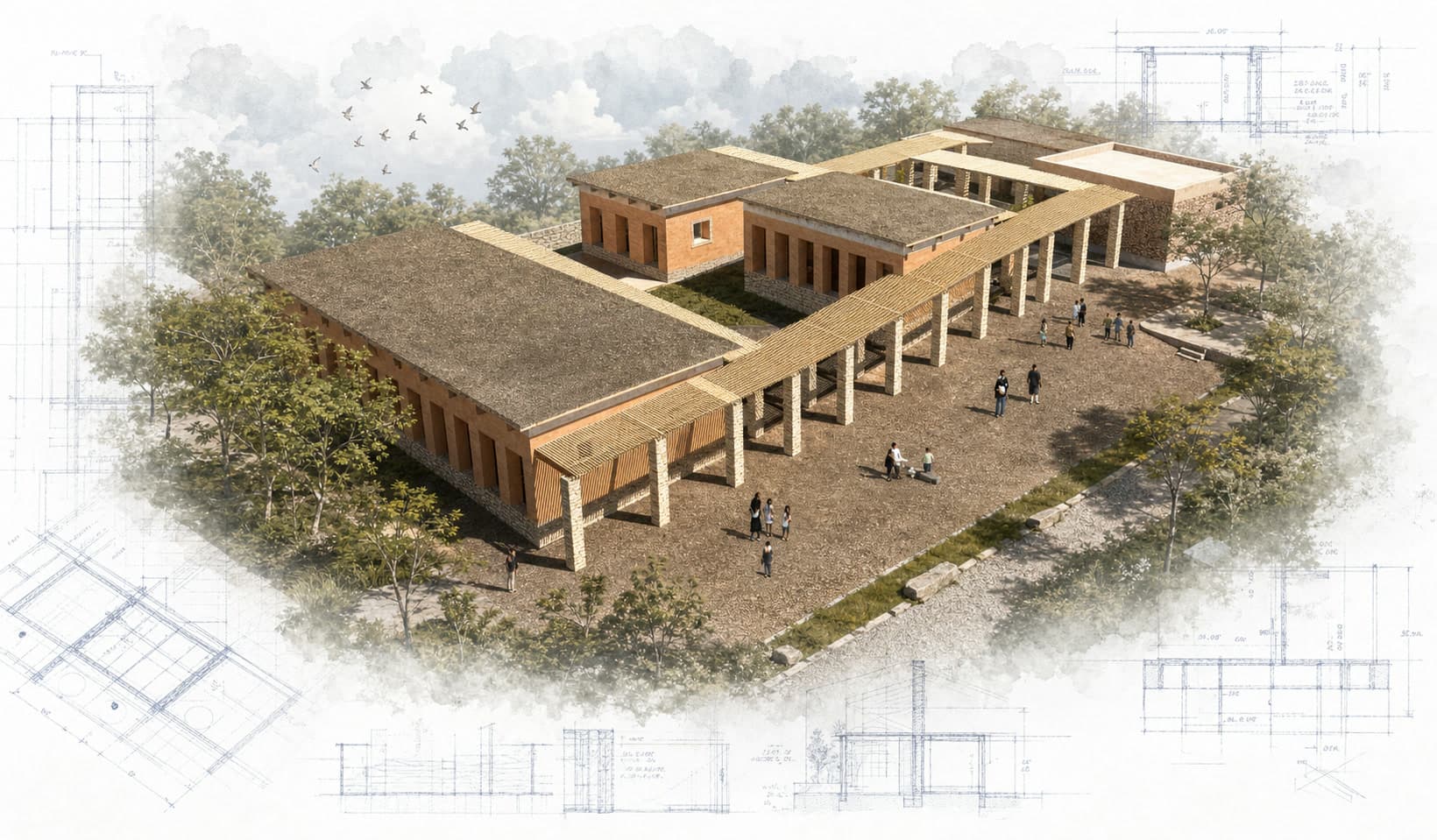 Training Center for Construction Techniques architectural visualization with watercolor and blueprint details