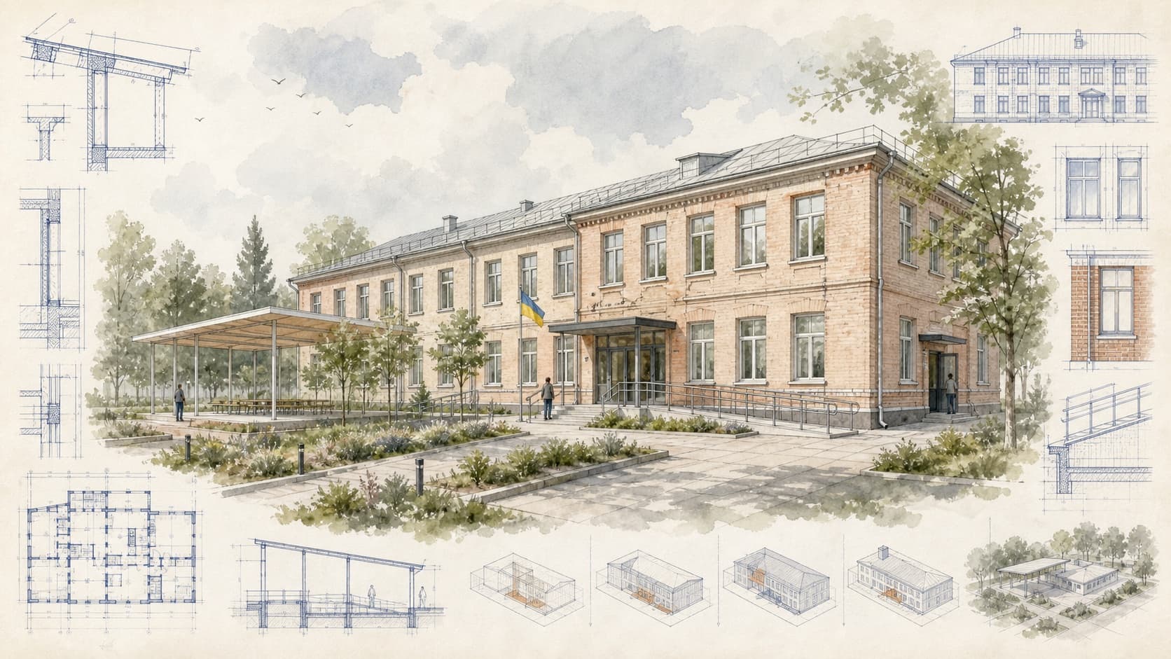 Trostyanets School Renovation School #2 architectural visualization with watercolor and blueprint details