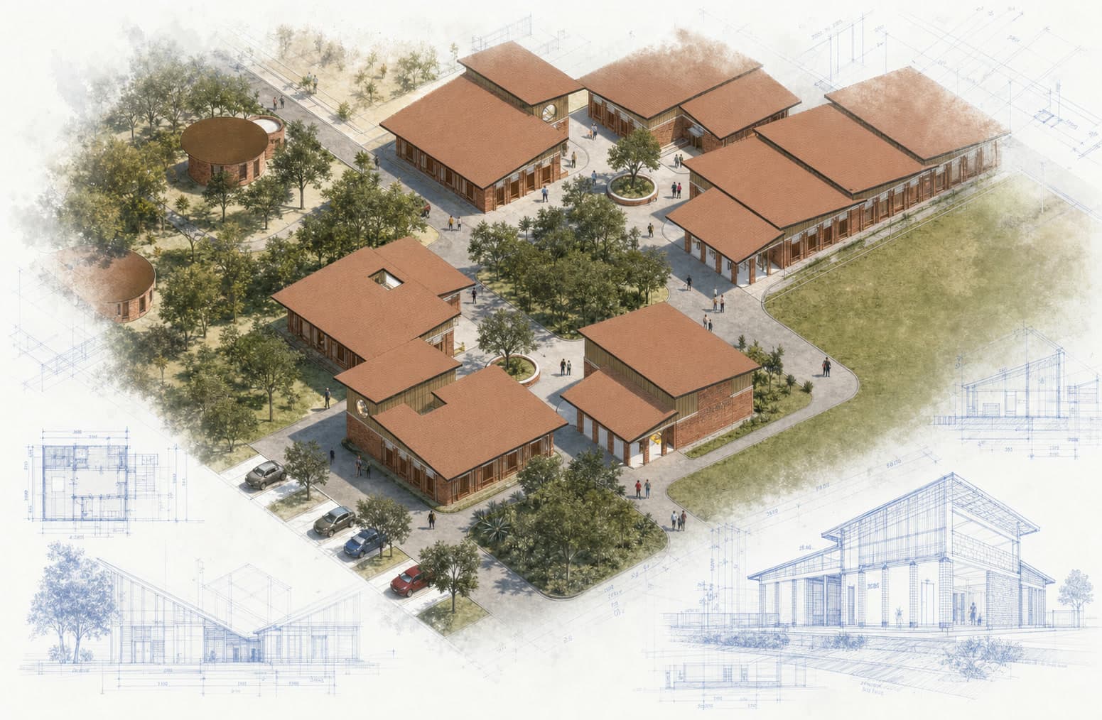 Twajali Training Center architectural visualization with watercolor and blueprint details