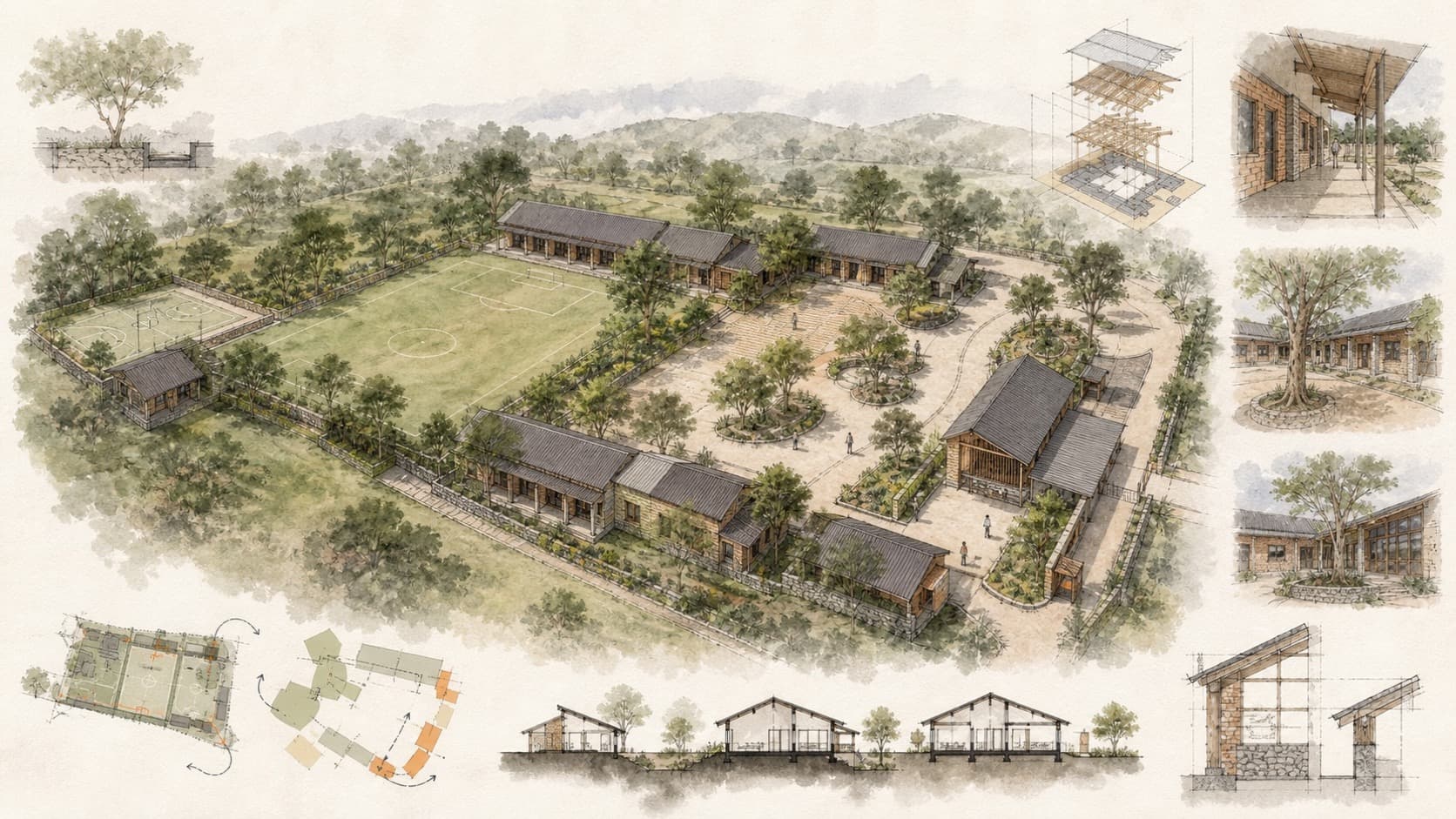 Under His Umbrella School architectural visualization with watercolor and blueprint details