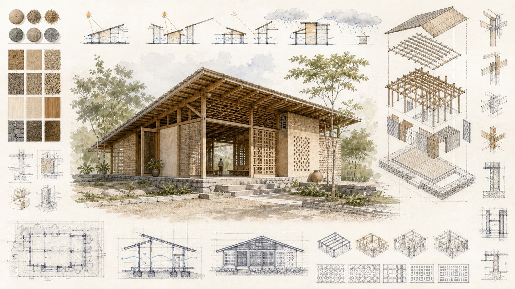 Vernacular Building Technology Research architectural visualization with watercolor and blueprint details