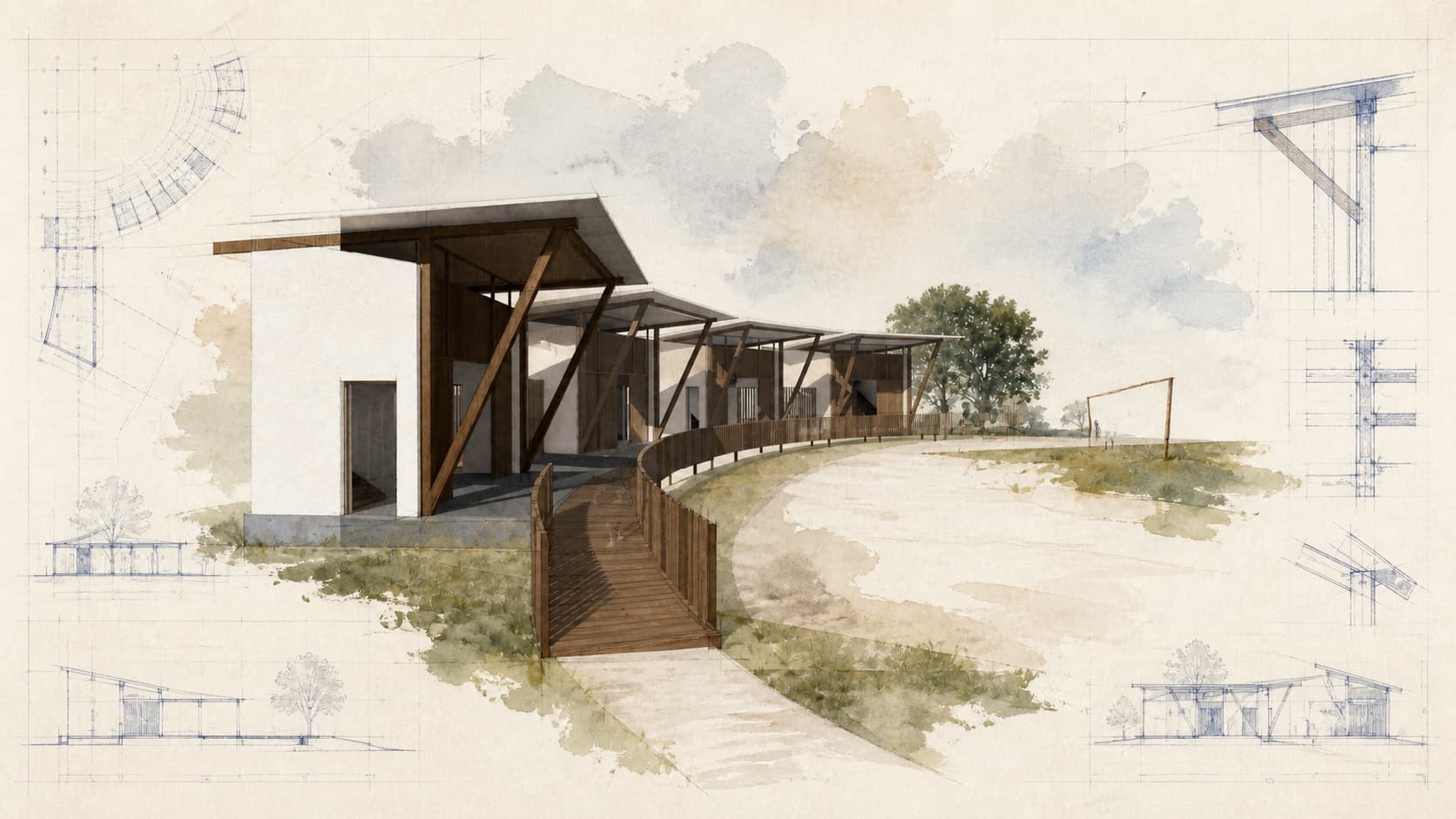 VIMA Children’s Orphanage architectural visualization with watercolor and blueprint details