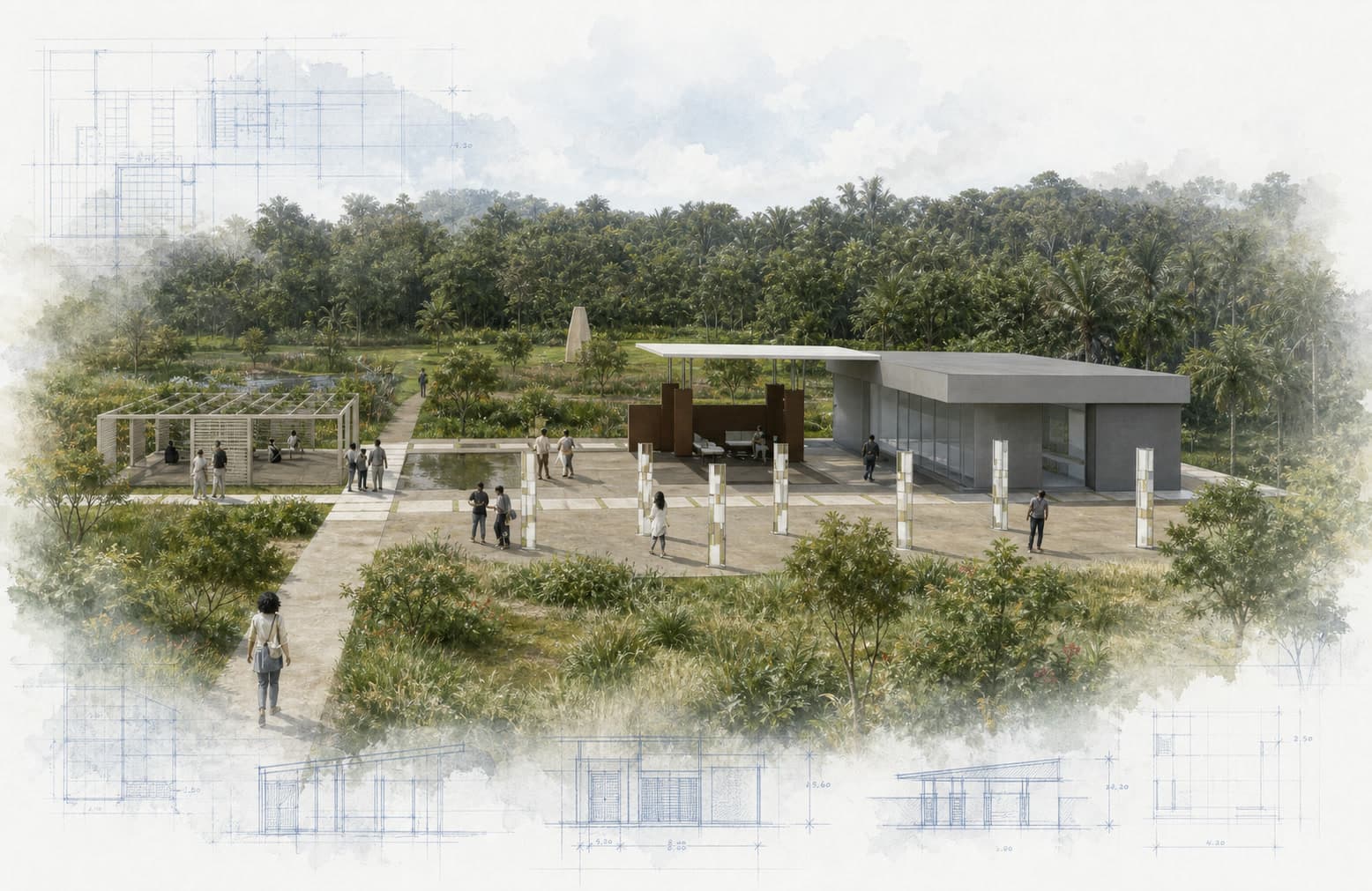 Wetland Rehabilitation architectural visualization with watercolor and blueprint details