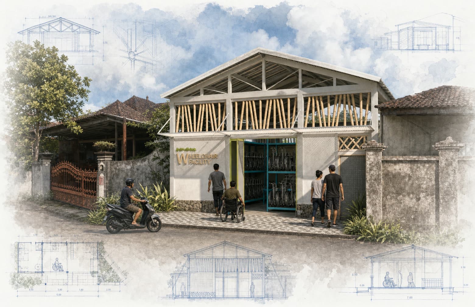 Wheelchair Facility architectural visualization with watercolor and blueprint details