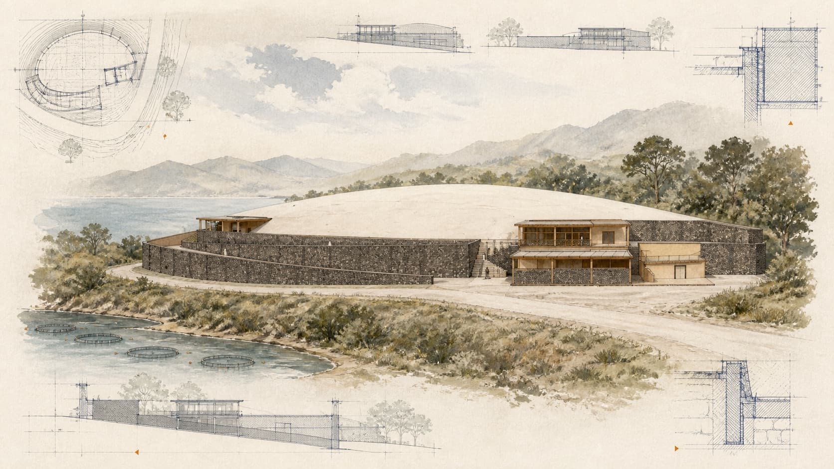 Women’s Aquaculture Cooperative architectural visualization with watercolor and blueprint details