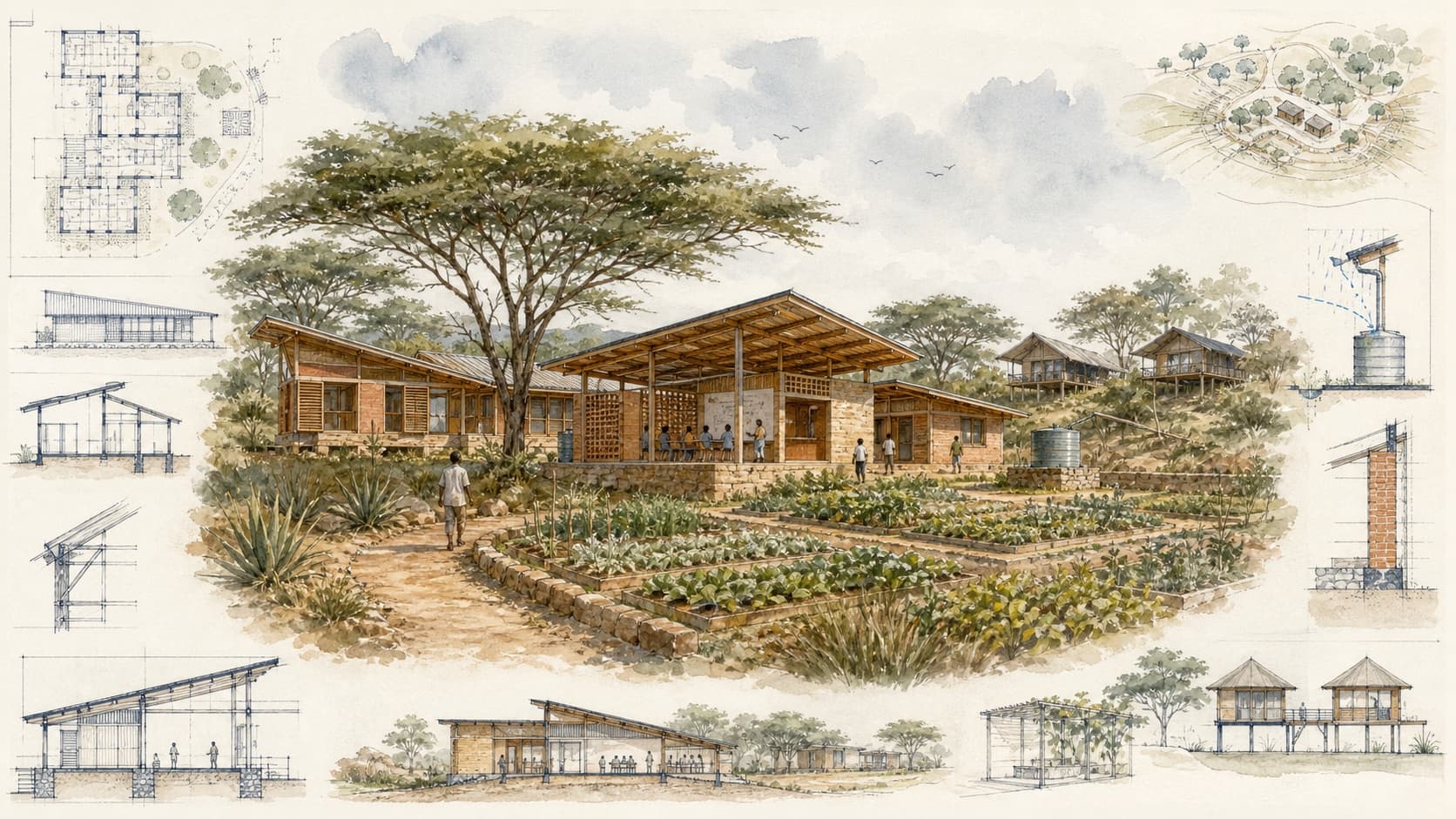 Wongonyi Learning Center architectural visualization with watercolor and blueprint details