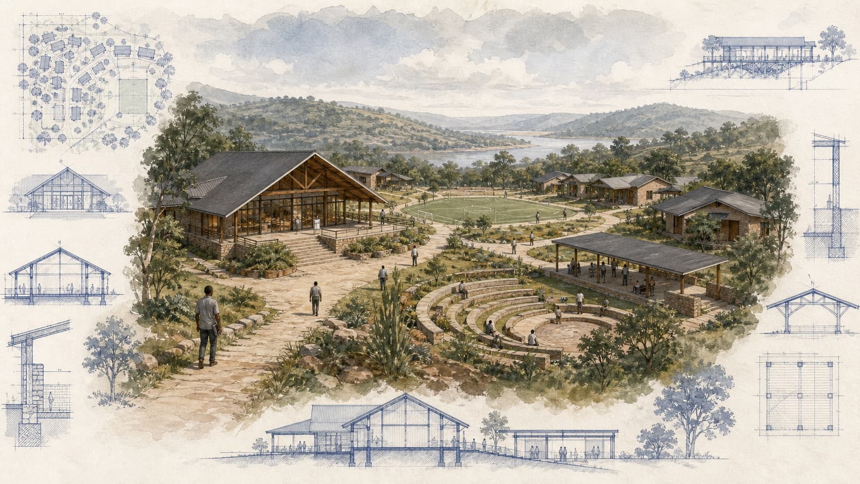 YFC Camp, Retreat, and Recreation Center architectural visualization with watercolor and blueprint details
