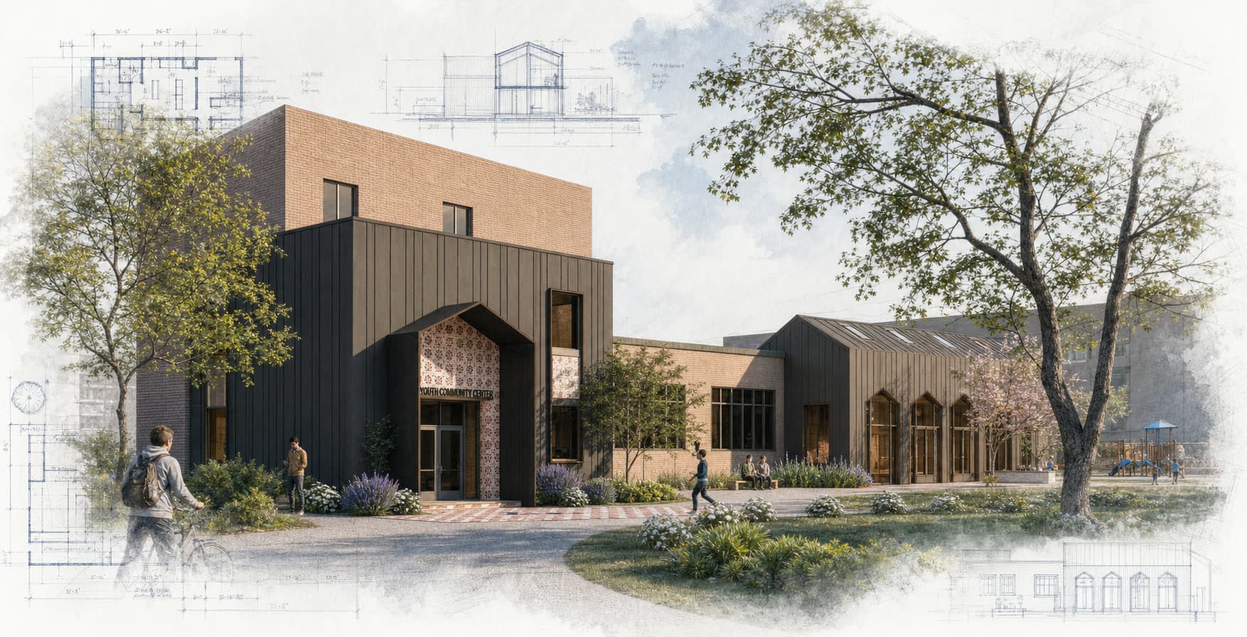 Youth Community Center architectural visualization with watercolor and blueprint details
