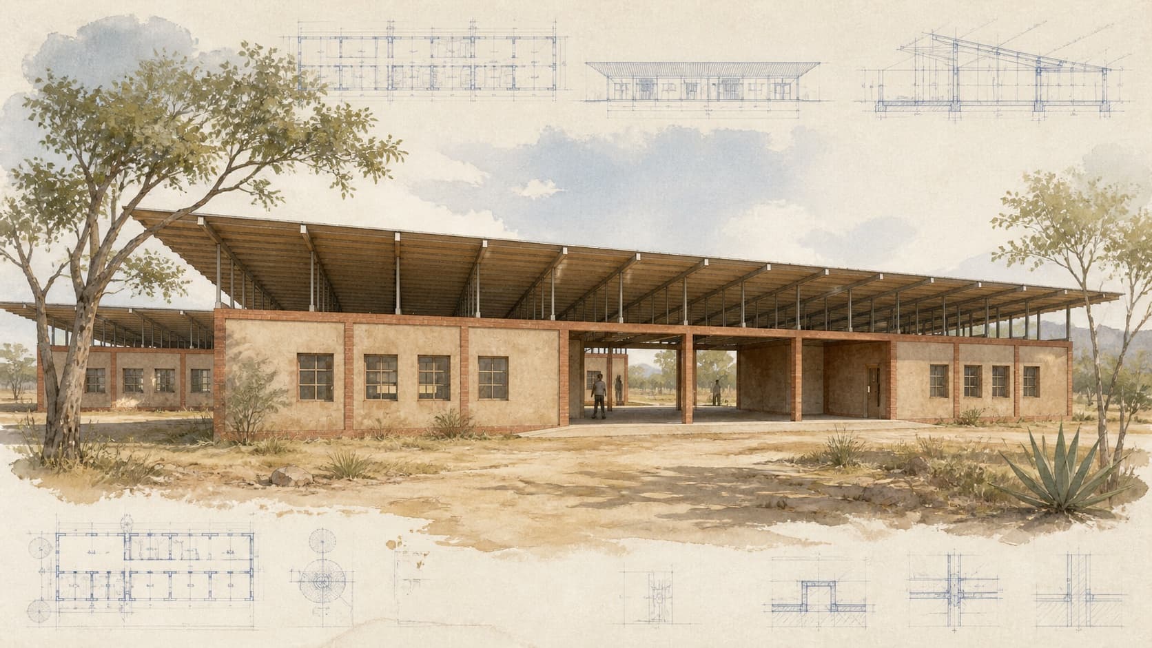 ZRSDP School architectural visualization with watercolor and blueprint details