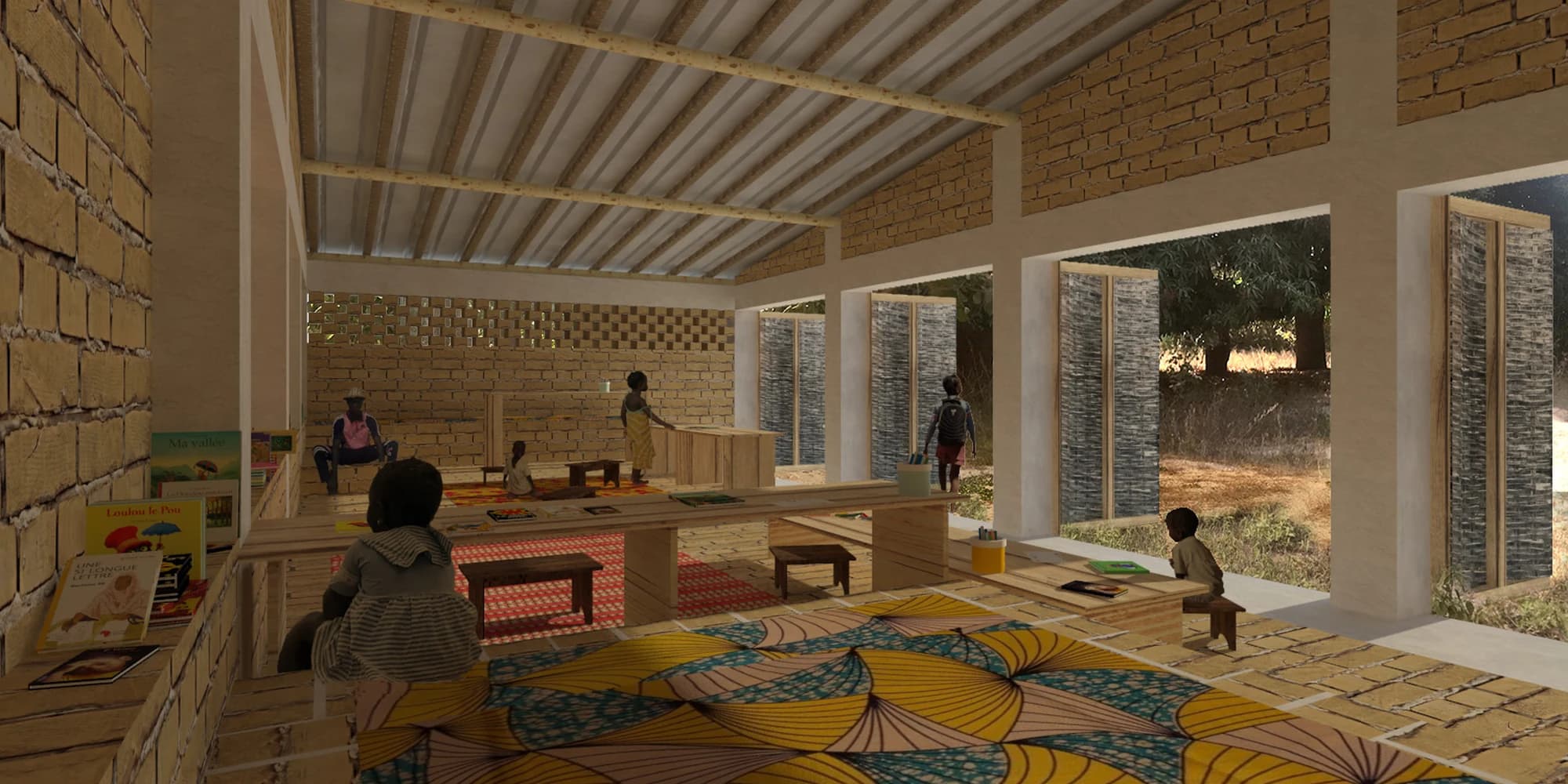 Architectural rendering of the proposed ADK library’s quiet learning room, with earth-brick walls, woven screens, child-scale furniture, and shaded openings toward the landscape
