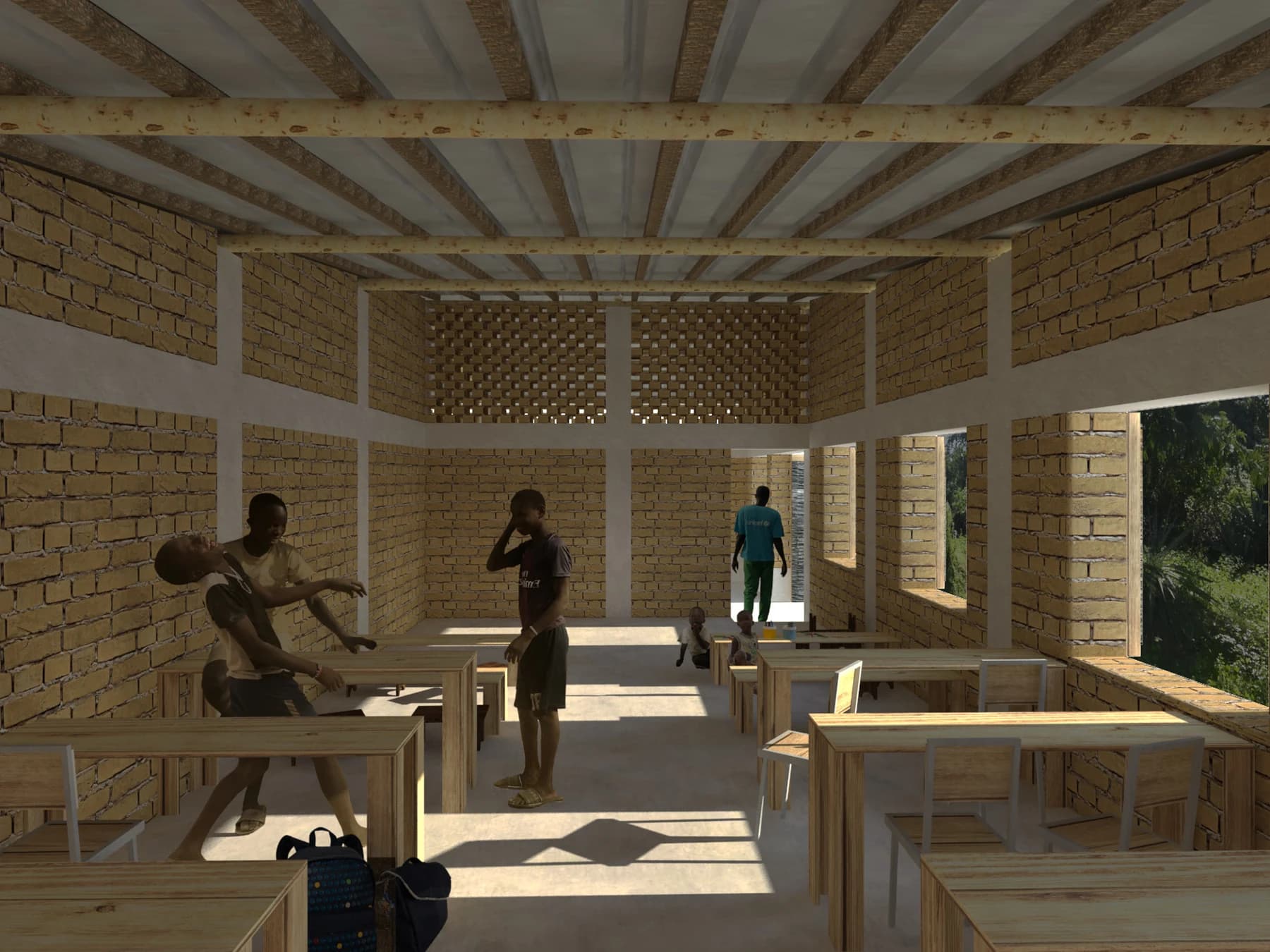 Architectural rendering of the proposed ADK multipurpose learning room, using earth-brick walls, perforated masonry, and high openings to bring in filtered daylight