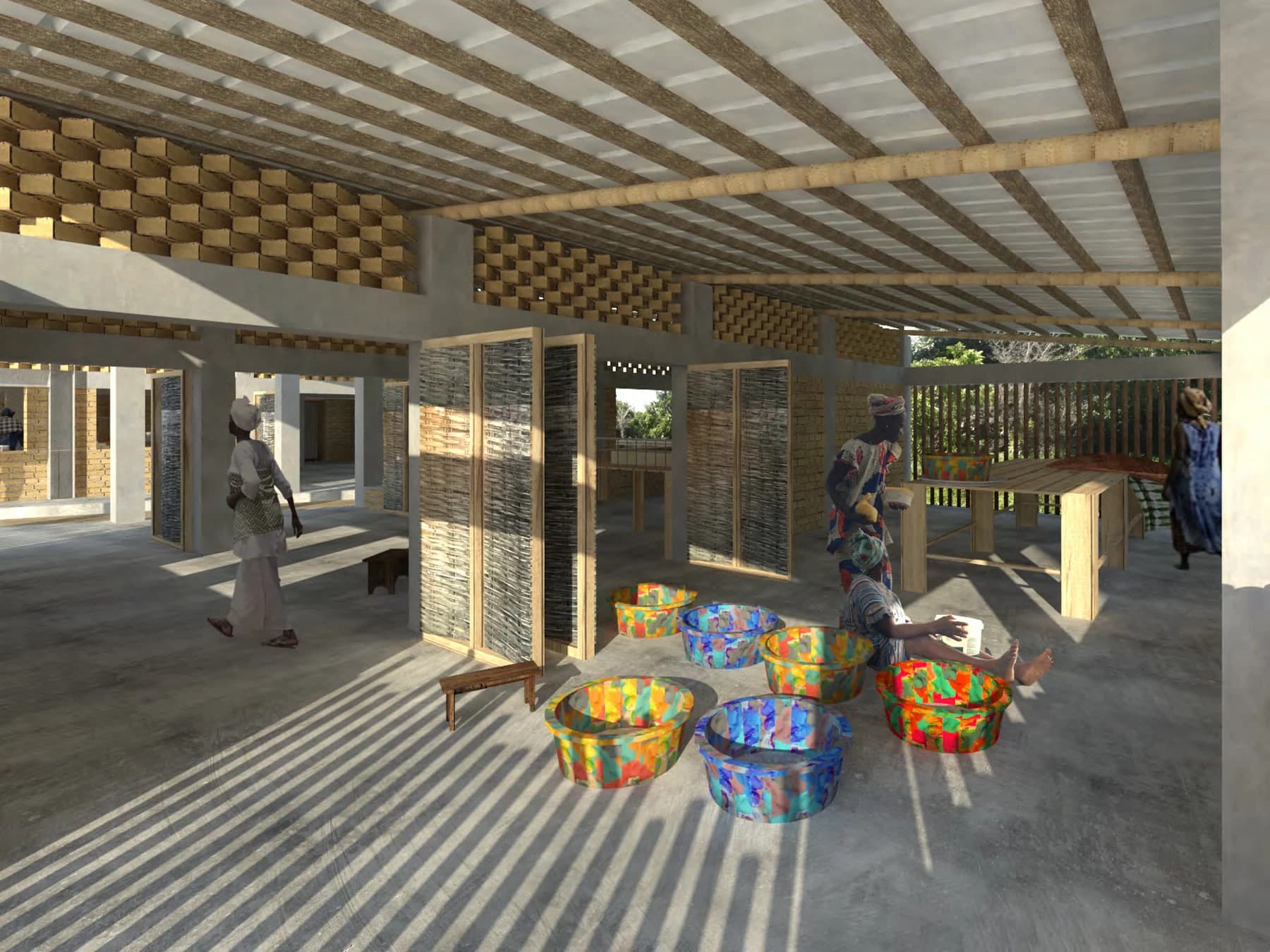 Architectural rendering of the proposed processing center’s flexible market and work space, with woven movable screens, filtered sunlight, and product baskets on display