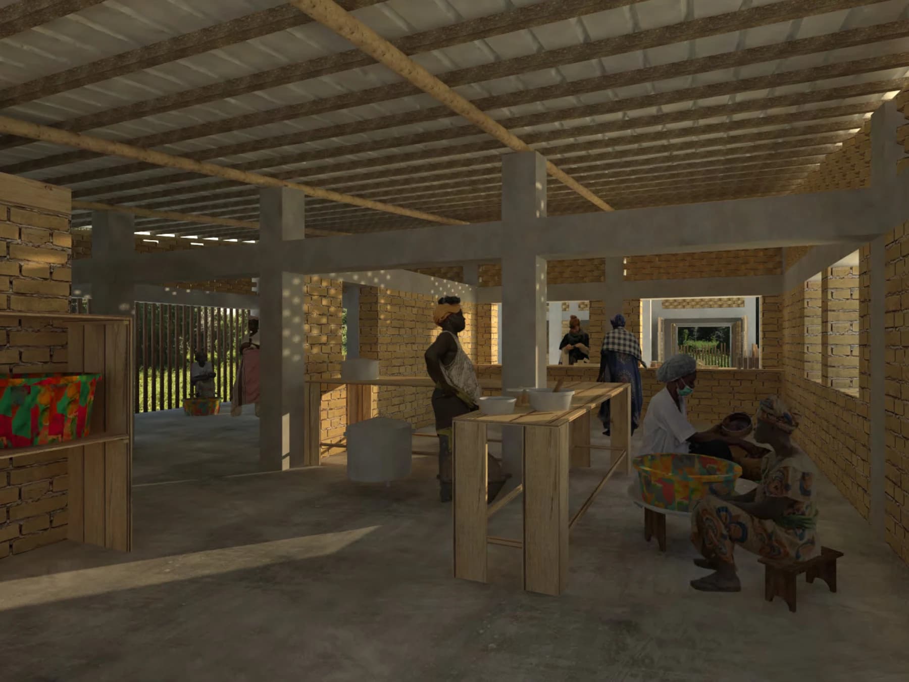 Architectural rendering of the proposed ADK processing center workroom, where women can prepare and package locally made goods in a naturally ventilated brick building