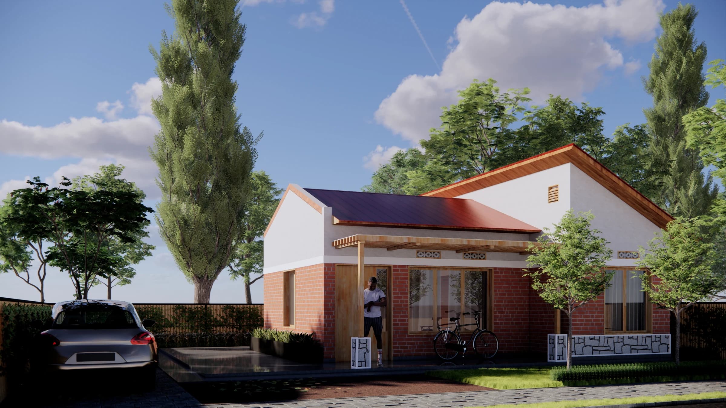 Architectural rendering showing how the incremental housing typology can expand with an adjoining room and a sheltered front porch