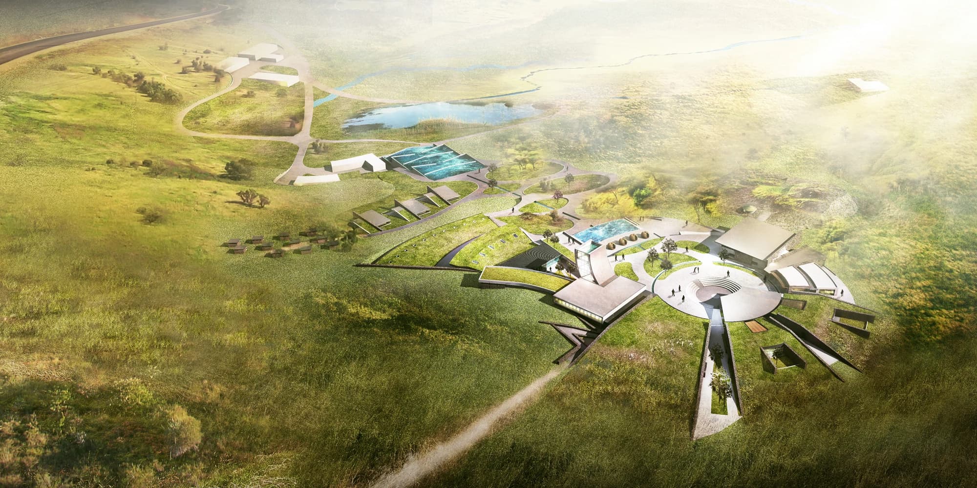 Aerial architectural rendering of the proposed AREA campus in Cameroon, organizing learning, housing, gathering, and water systems across the open landscape