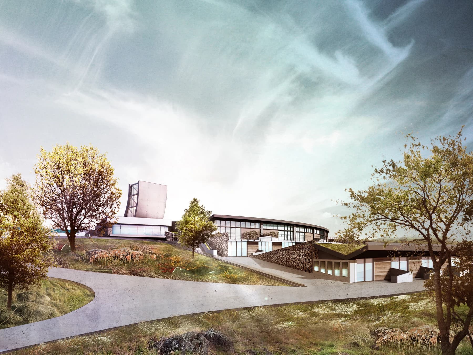Architectural rendering of the proposed AREA campus stepping into the hillside, with curving academic buildings, planted roofs, stone retaining walls, and shaded circulation