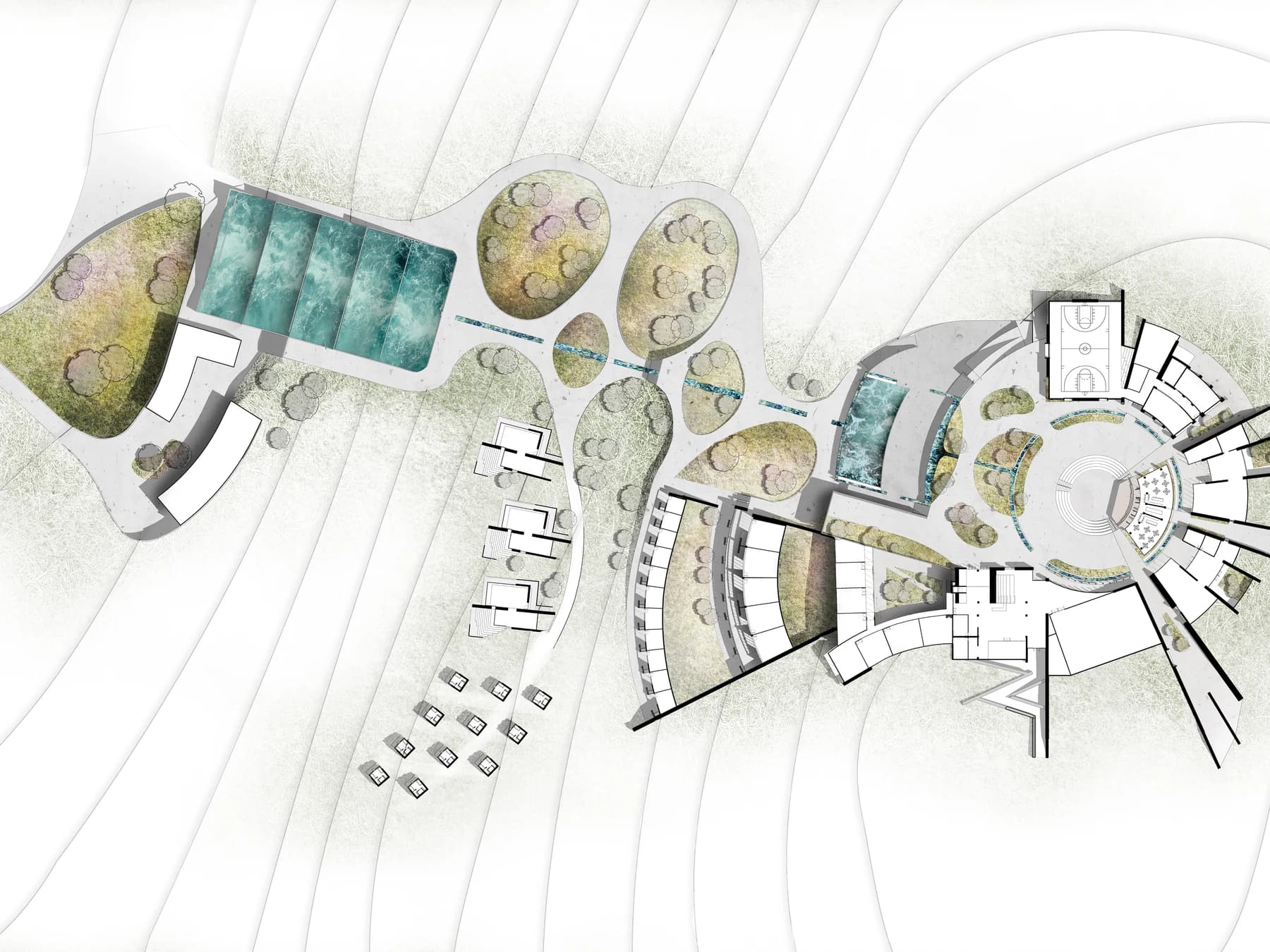 Rendered campus plan for AREA, connecting its central gathering court, learning buildings, housing clusters, sports areas, water gardens, and aquaculture ponds