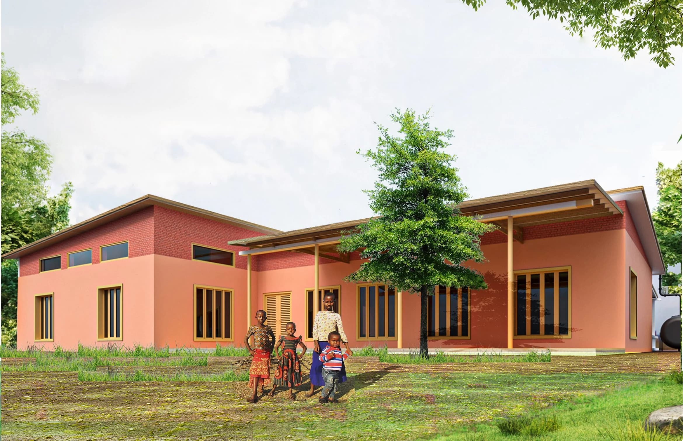 Architectural rendering of a proposed climate-responsive family home with shaded verandas, high-level ventilation, and rainwater storage in Tanzania