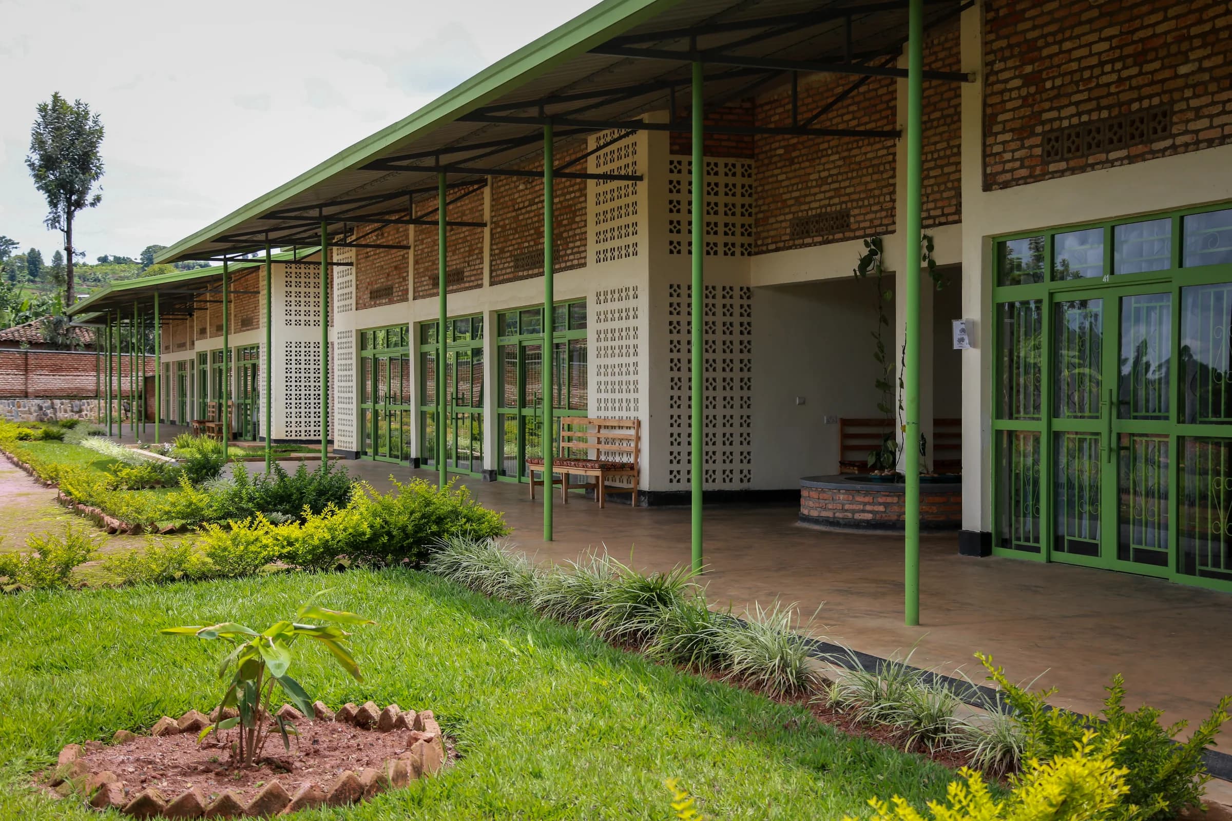 The completed ASFA Physiotherapy and Rehabilitation Center, with sheltered verandas, gardens, and accessible paths in Muganza