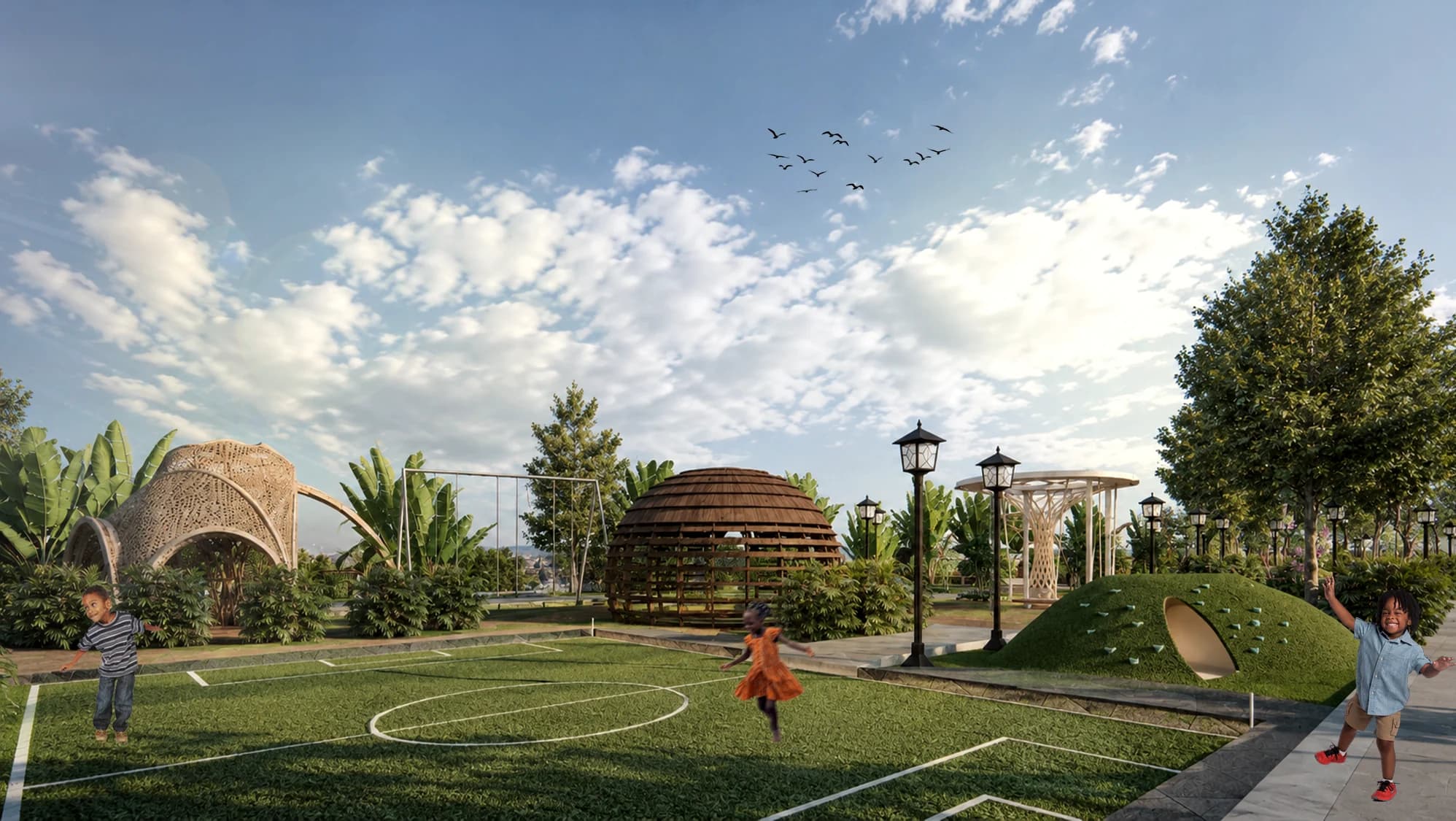 Original project rendering of ASFA's proposed sensory garden, with an accessible play lawn, shaded pavilions, paths, and planting