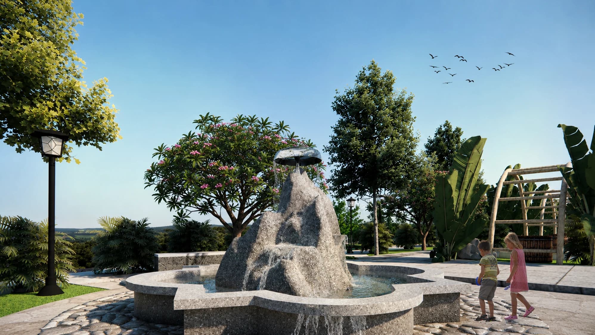 Rendering of the sensory garden's volcanic-rock fountain, pebble surface, and surrounding planting