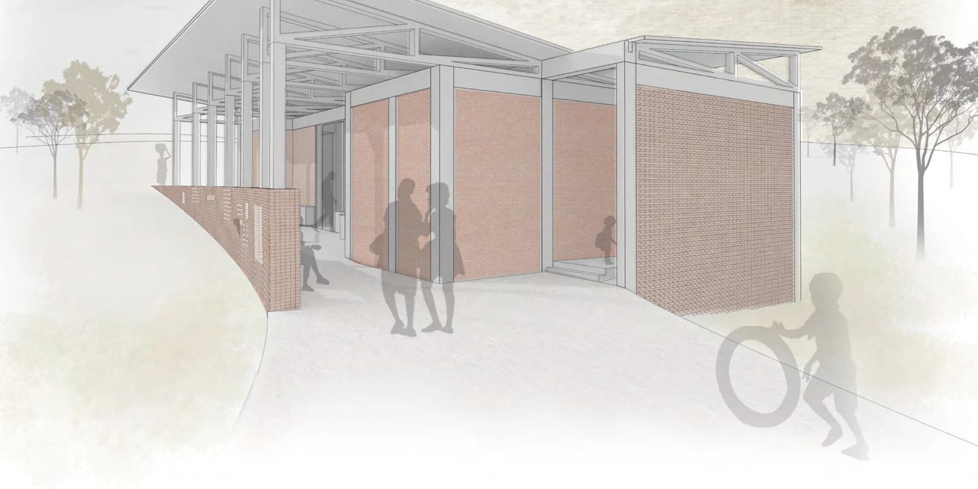Architectural rendering of the proposed Bihongora community library, with a steel frame, brick infill, and a broad butterfly roof opening toward the hillside path
