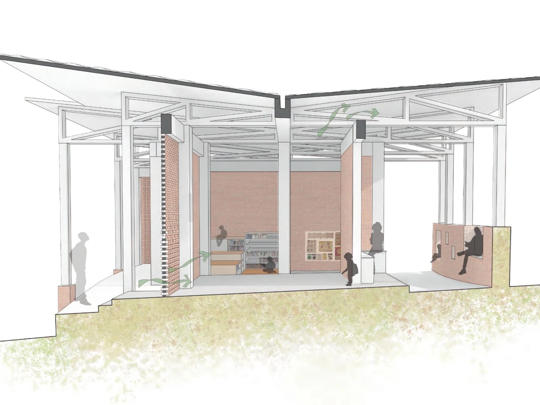 Cross-section through the proposed Bihongora library, showing the split roof, high-level ventilation, brick screens, book shelving, and children’s reading area