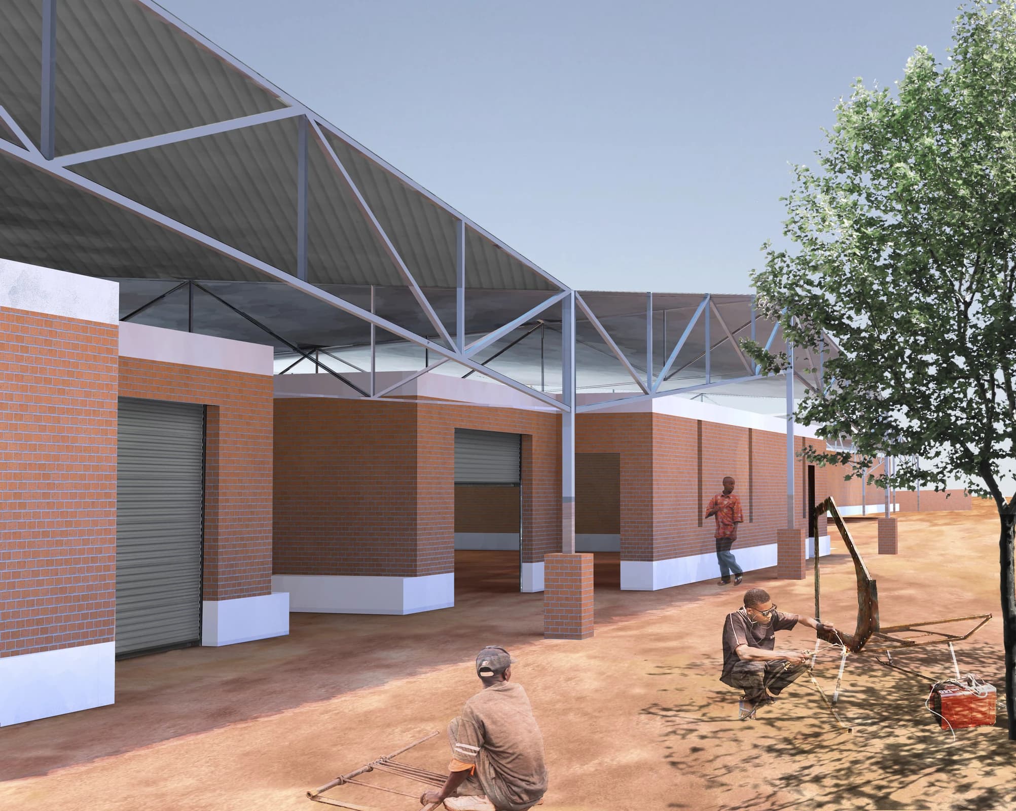 Architectural rendering of the proposed vocational workshops, with locally made brick walls and broad ventilated roofs shading outdoor work areas