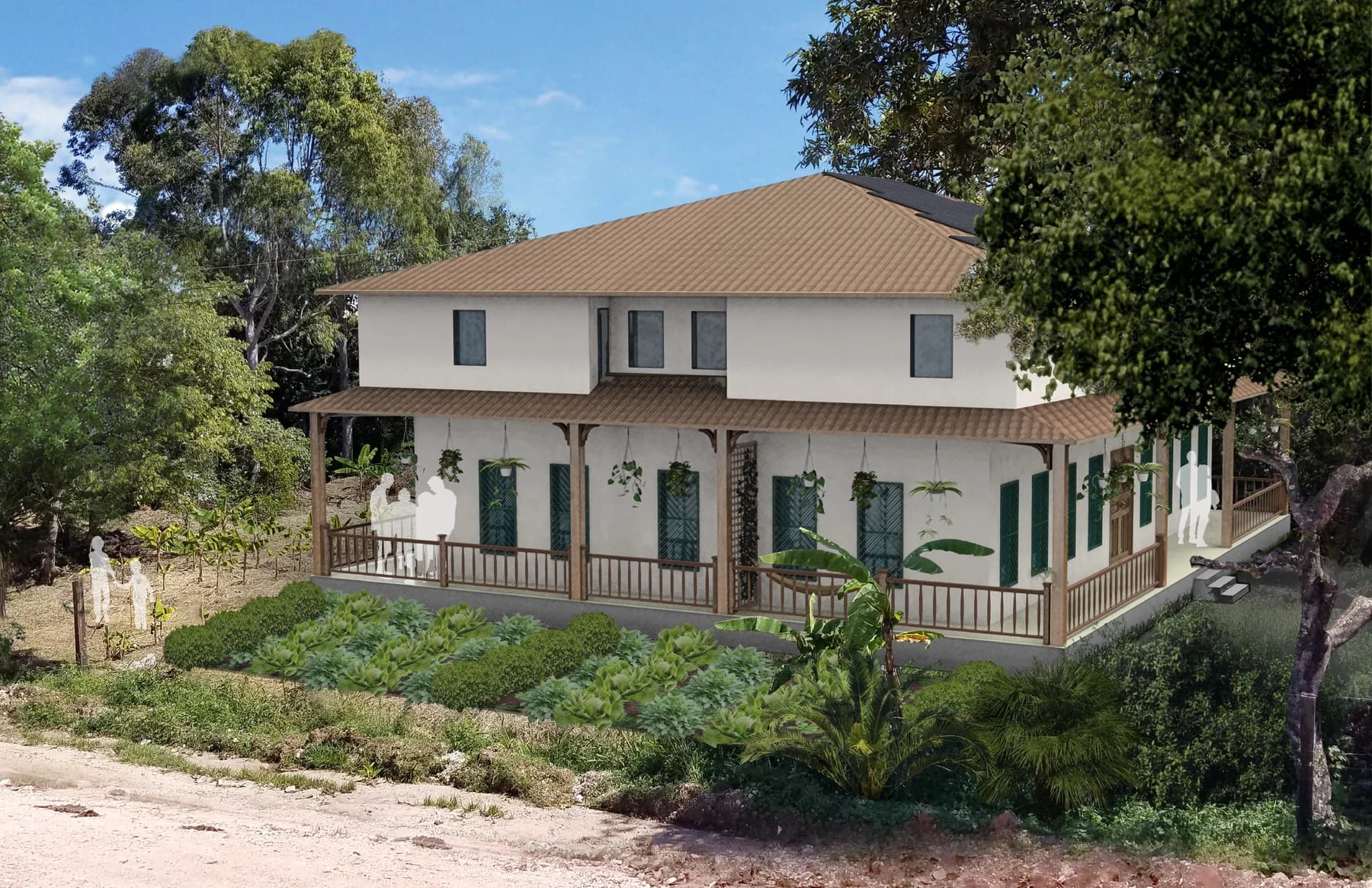 Architectural rendering of the proposed Casa Benito volunteer housing, with a broad wraparound veranda, community garden, and two-story lodging in Opatoro