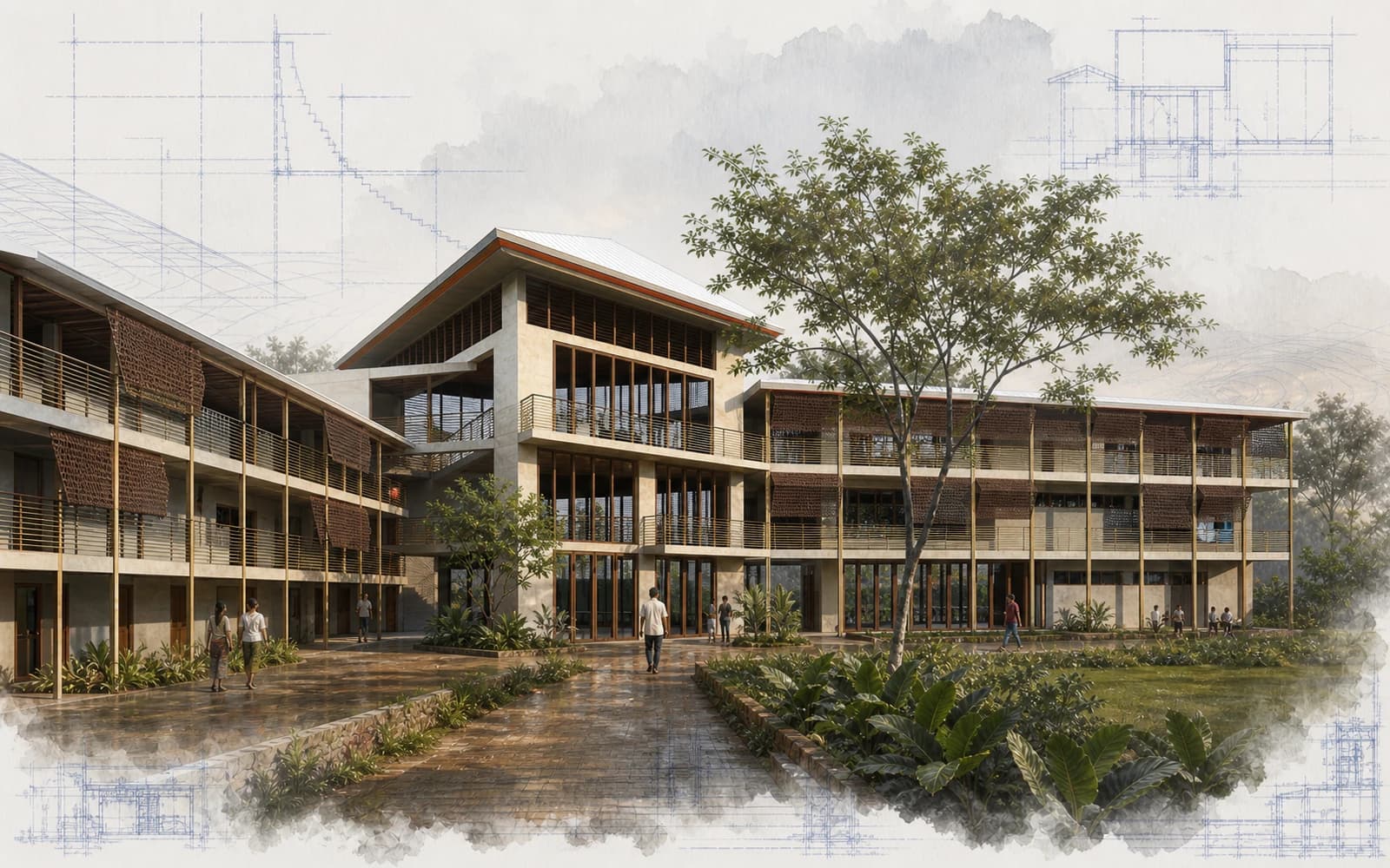 Architectural visualization of the proposed Church and Orphanage Training Center in Cainta, with three shaded wings gathered around a tropical courtyard