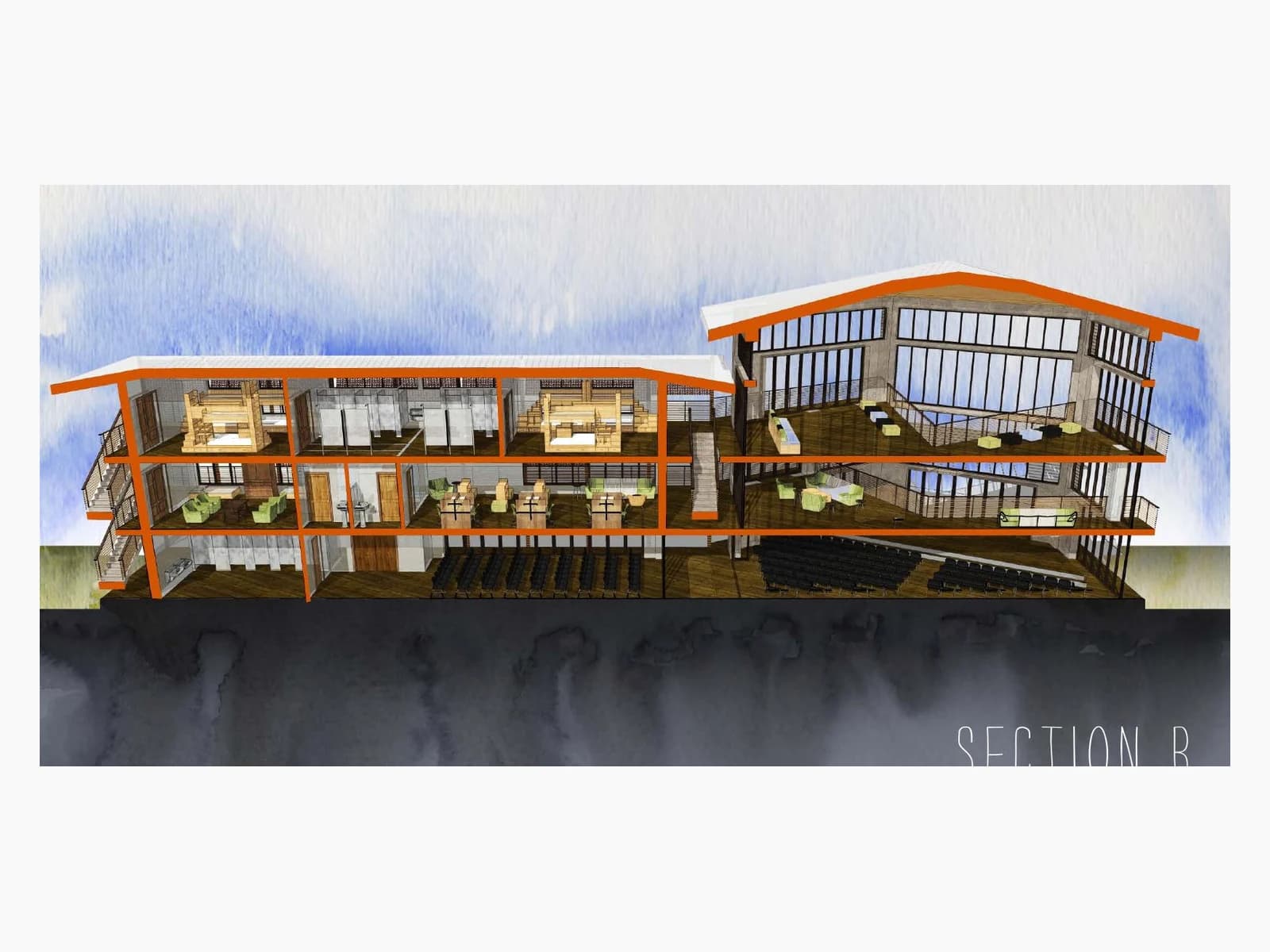 Section perspective showing the proposed church at ground level, training spaces above, and residential rooms on the upper floor