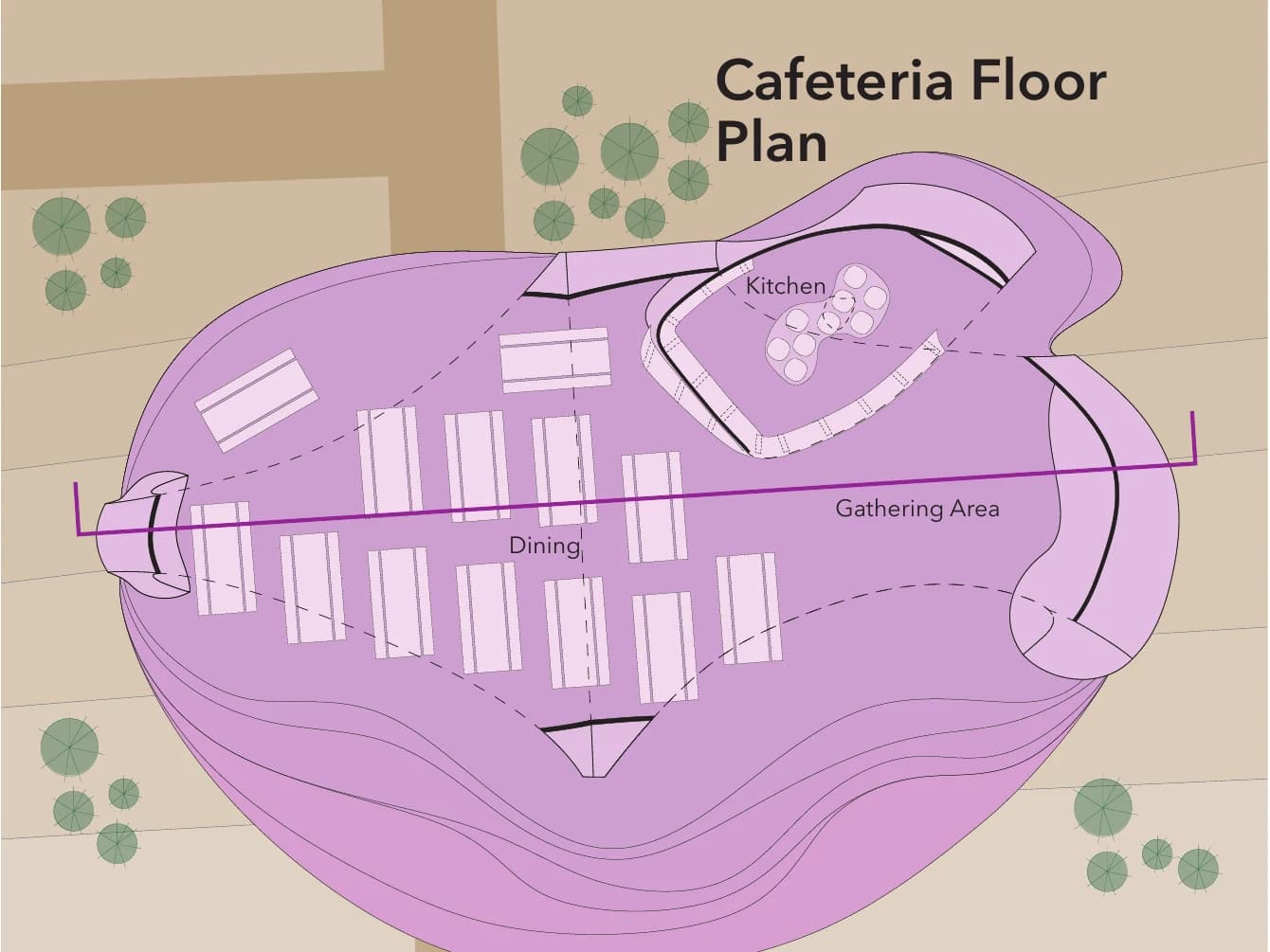 Cafeteria plan showing dining and gathering areas beneath the intersecting brick vaults