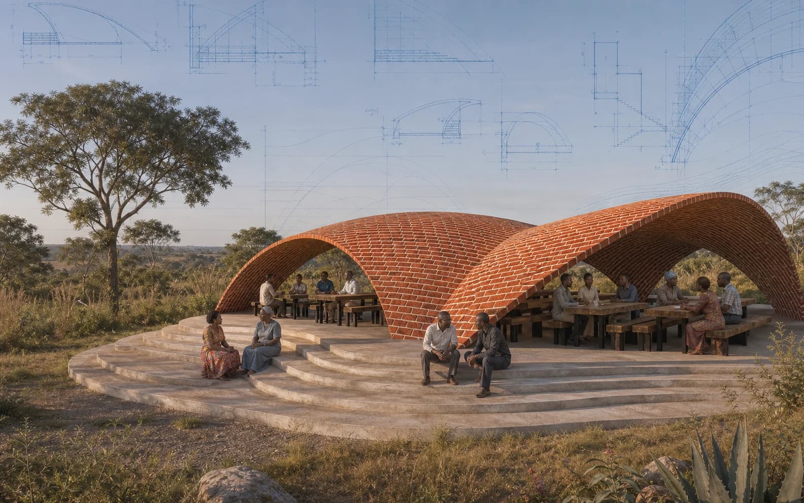 Architectural visualization of ESPACE Community Center's intersecting brick-vaulted cafeteria and gathering steps in Bukhubalo