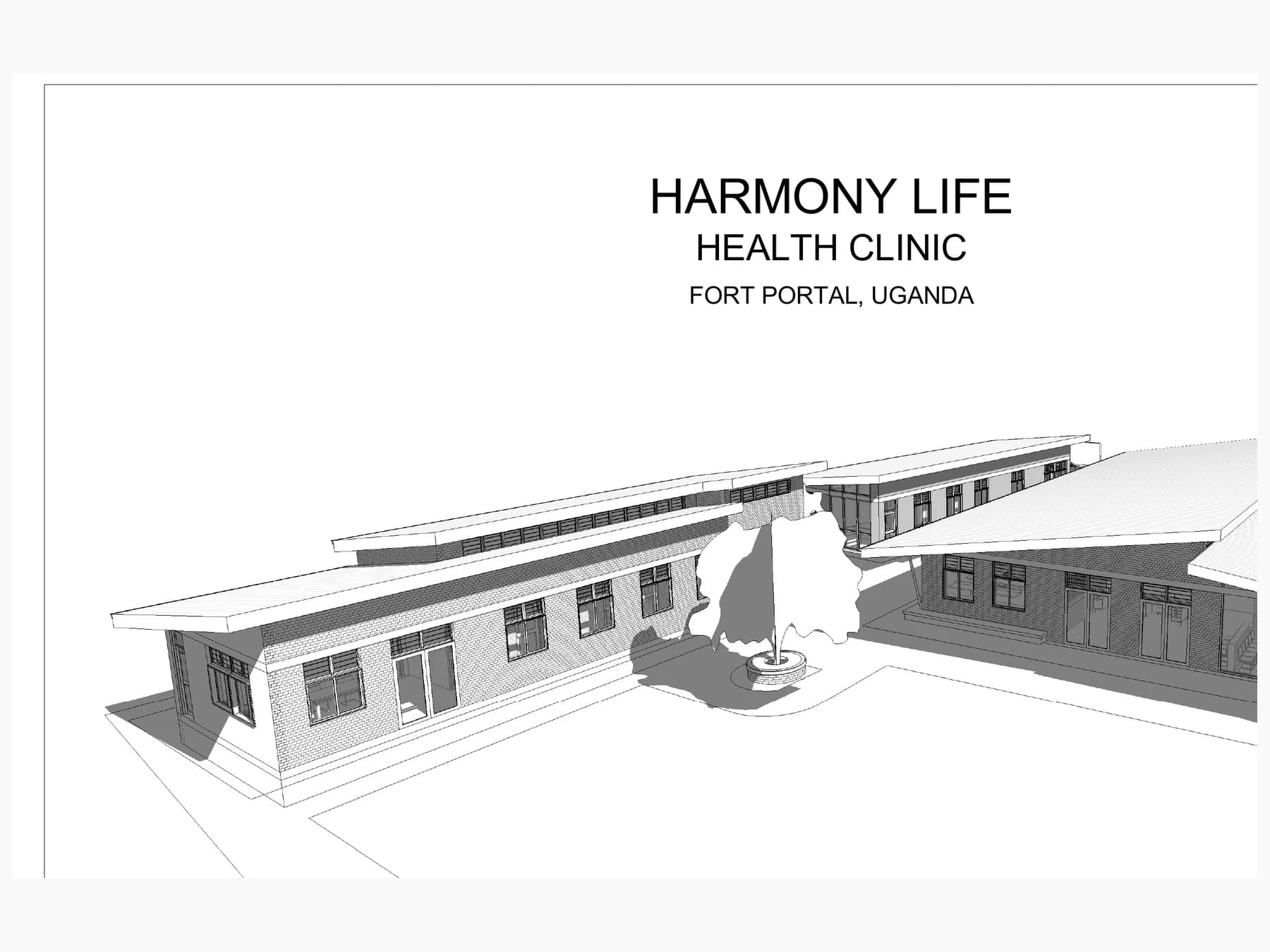 Architectural perspective of the proposed Harmony Life clinic, with two single-story wings opening toward a shared shaded courtyard