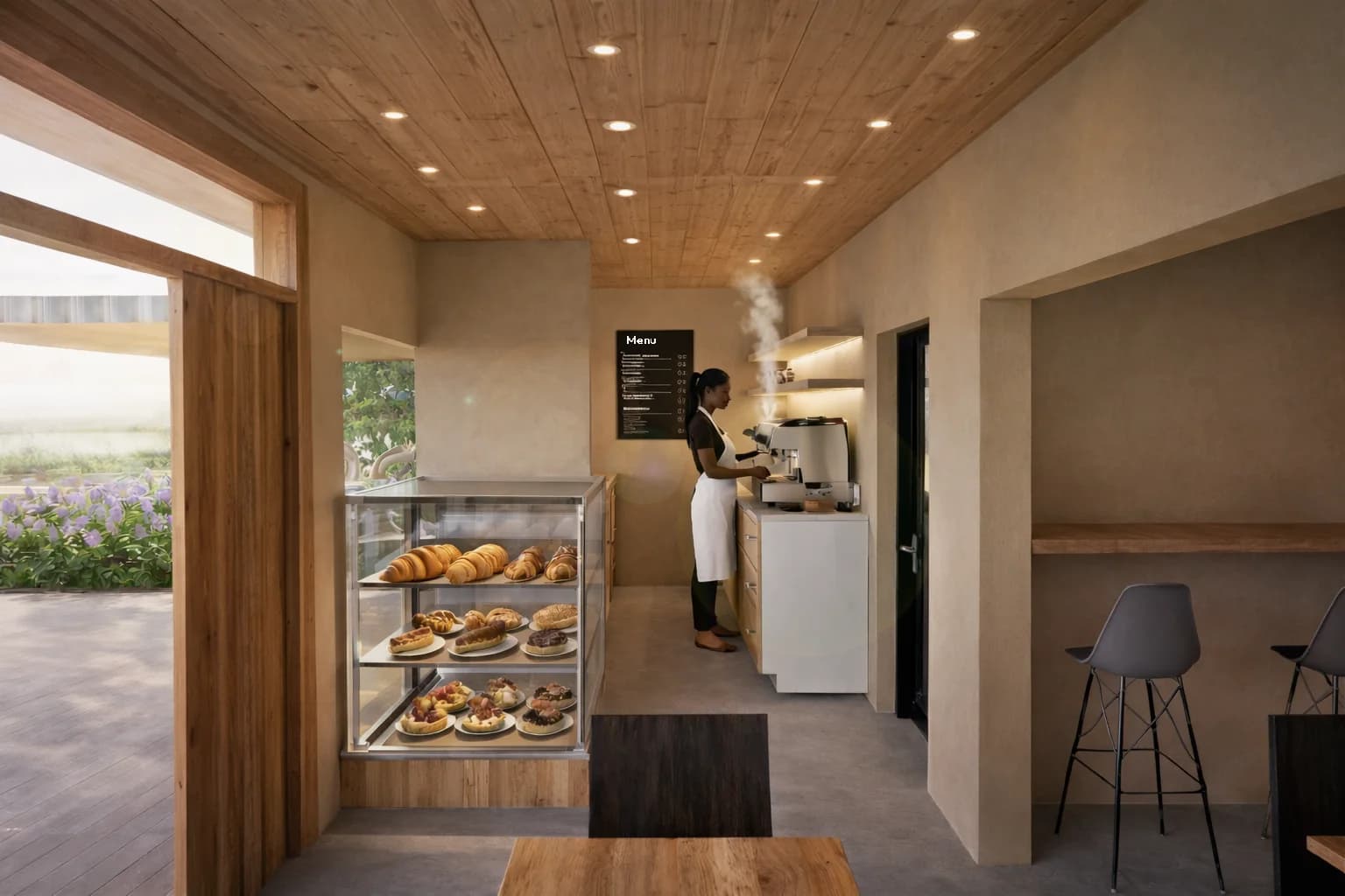 Interior rendering of Kofi Noir's coffee counter and barista workspace