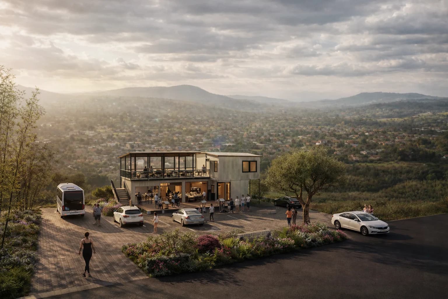 Architectural rendering of Kofi Noir's welcoming container-built entrance in the Lyantonde landscape