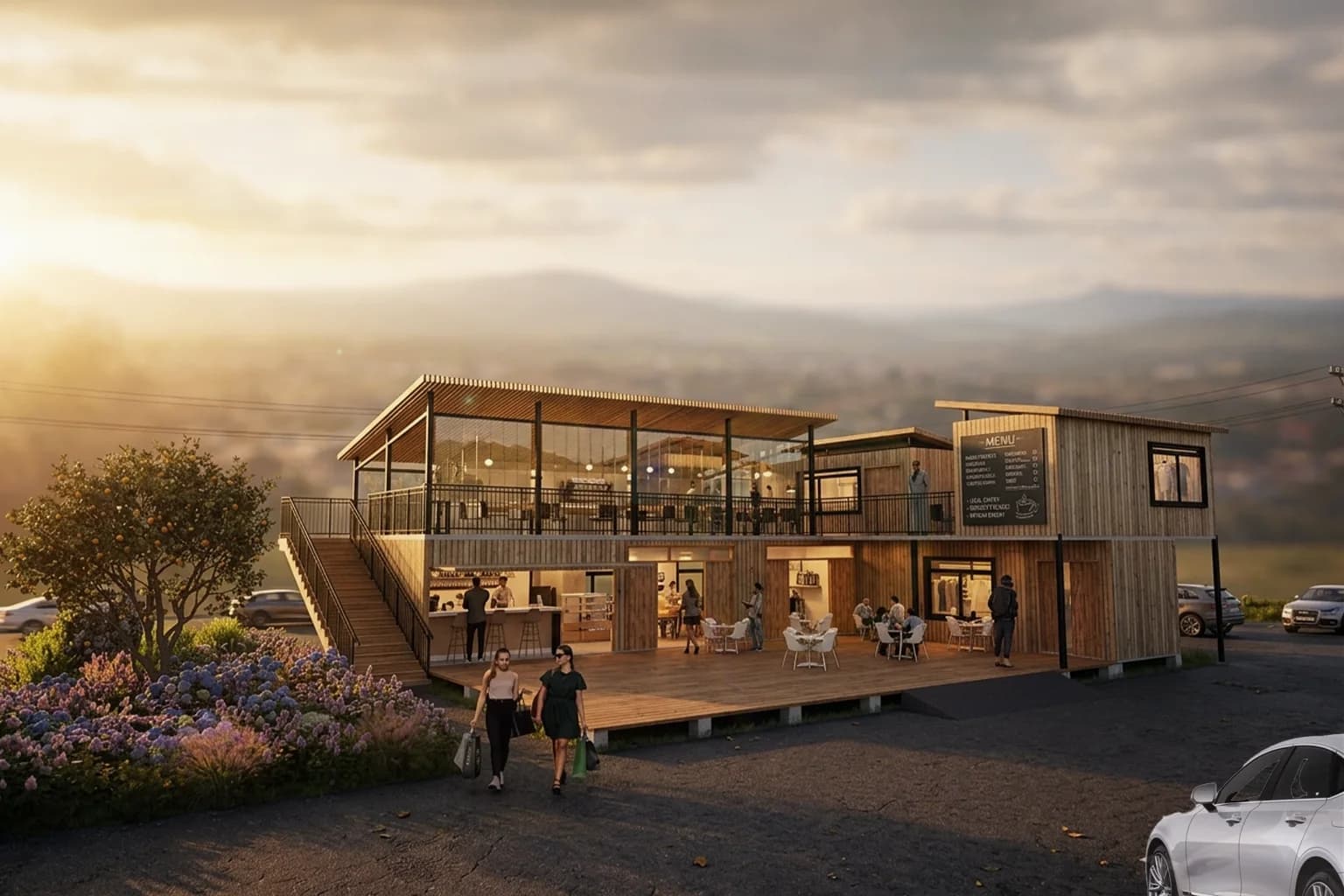 Rendering of the coffee shop's outdoor seating and planted social space